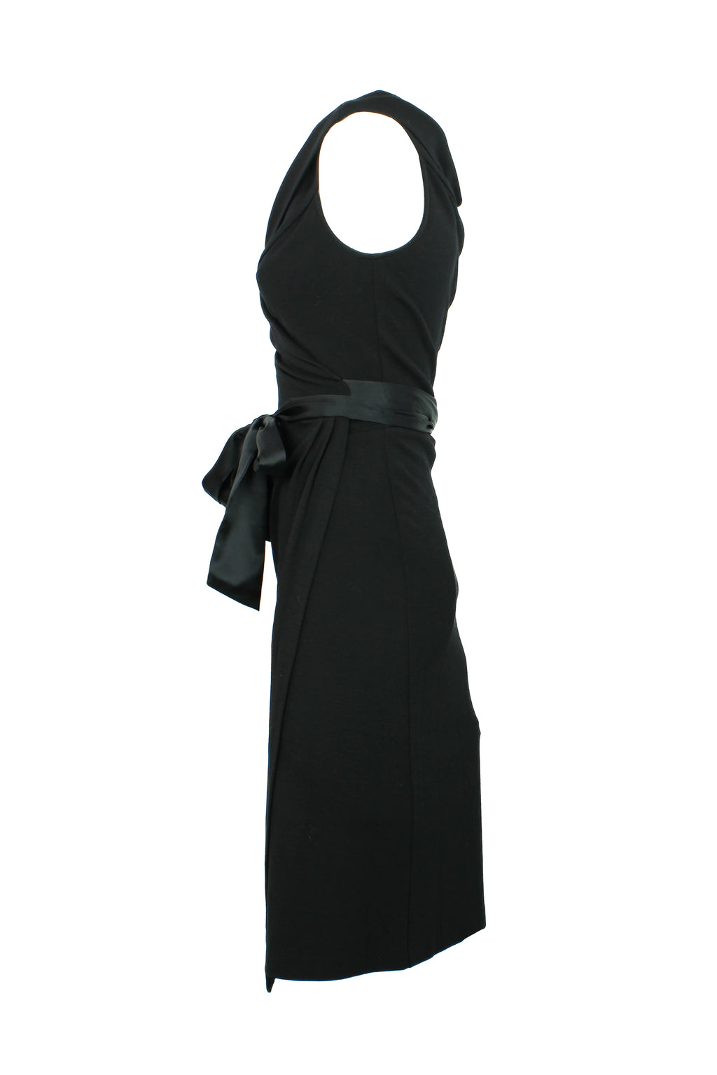 Black Wool Wrap Dress with Satin Ribbons and Deep V-Neck
