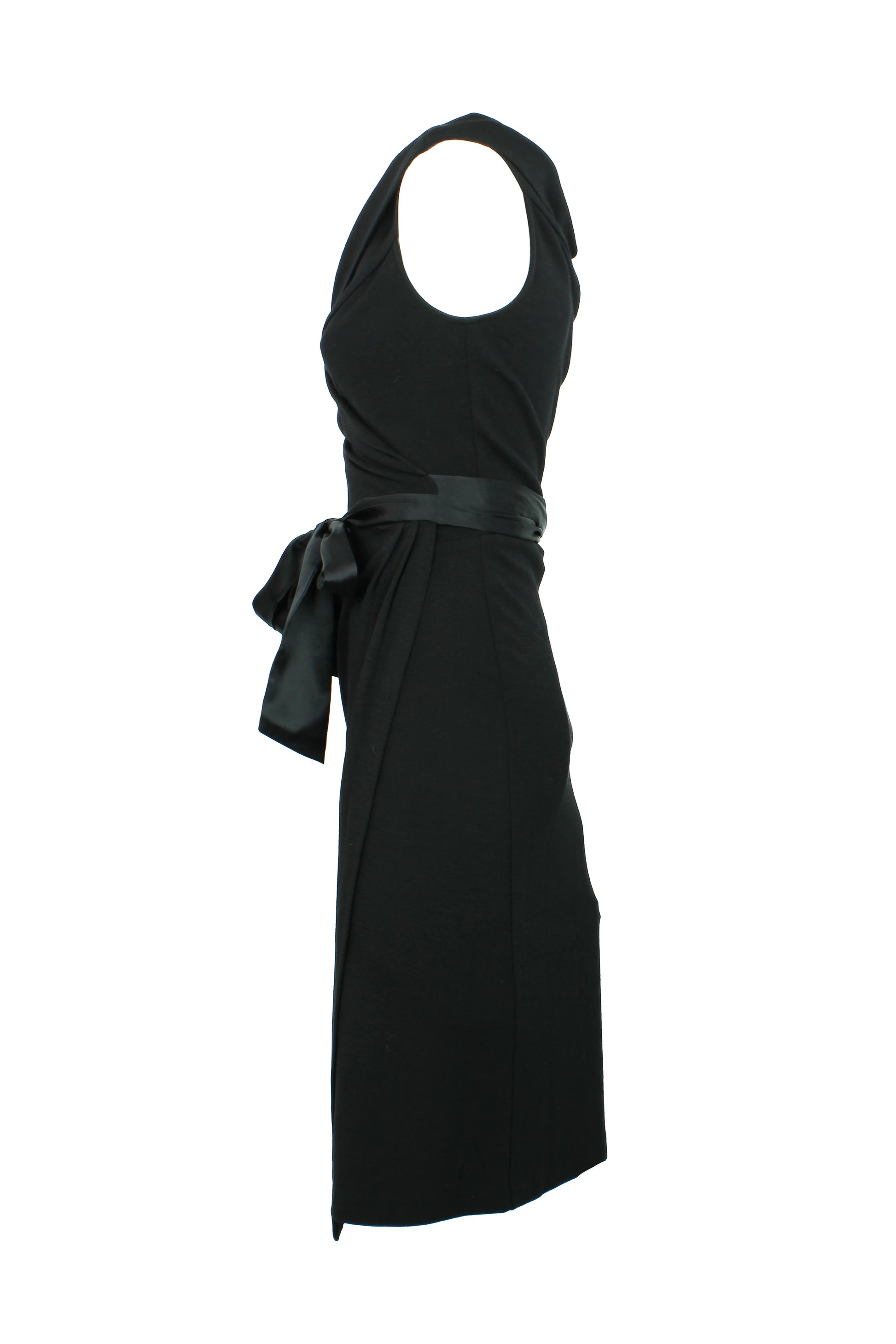 Black Wool Wrap Dress with Satin Ribbons and Deep V-Neck