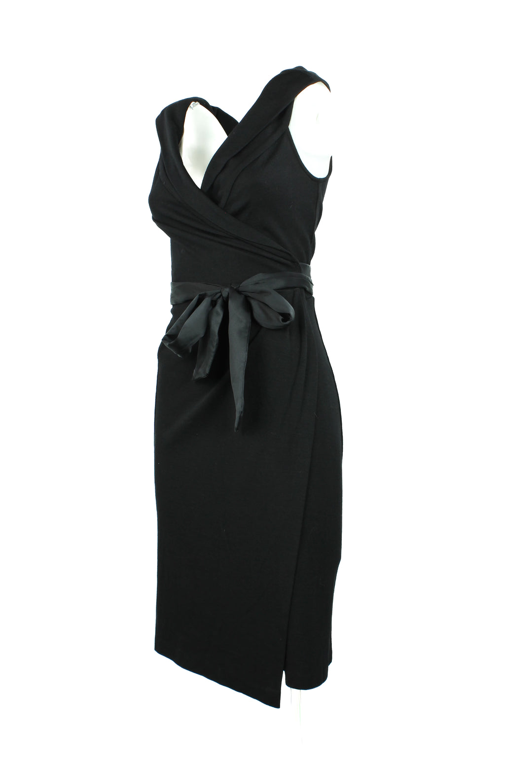 Black Wool Wrap Dress with Satin Ribbons and Deep V-Neck