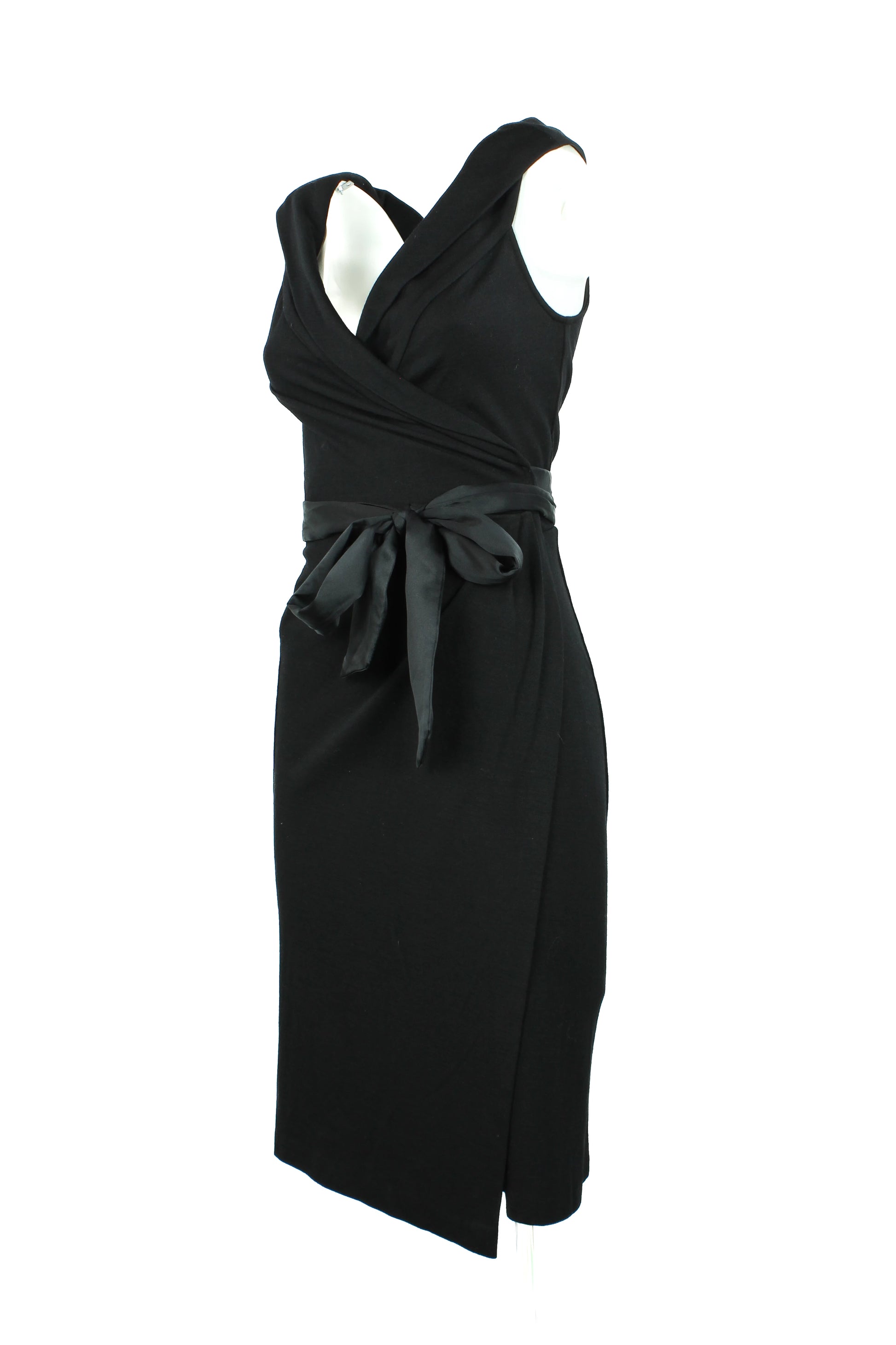 Black Wool Wrap Dress with Satin Ribbons and Deep V-Neck