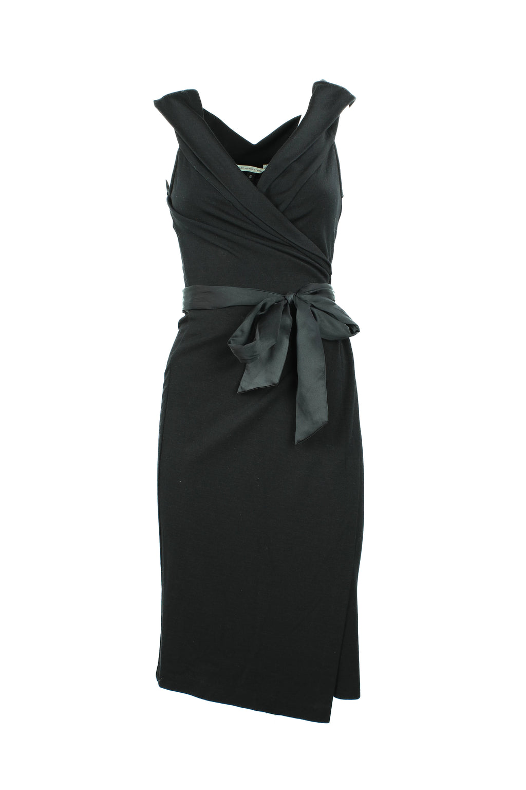 Black Wool Wrap Dress with Satin Ribbons and Deep V-Neck