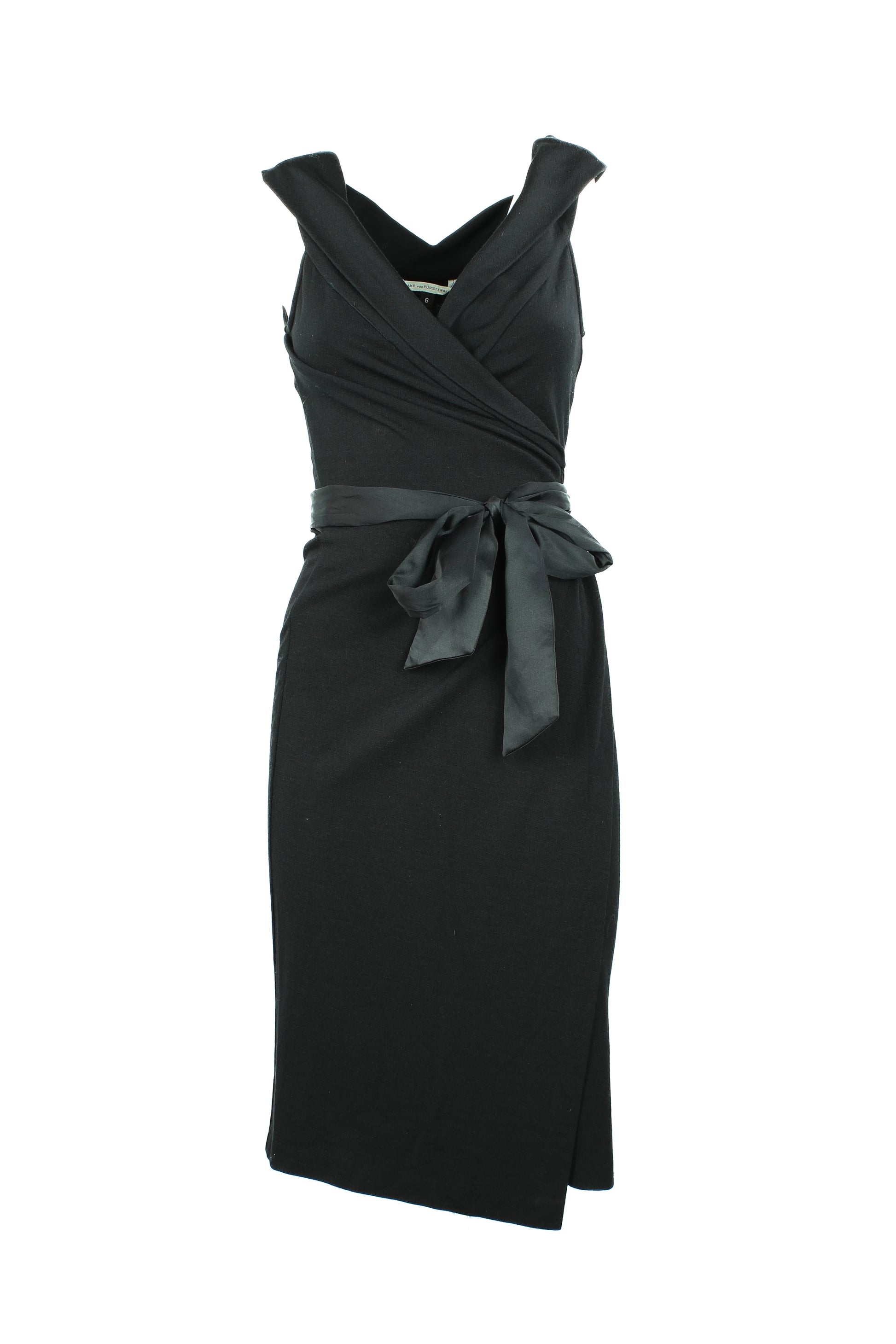 Black Wool Wrap Dress with Satin Ribbons and Deep V-Neck