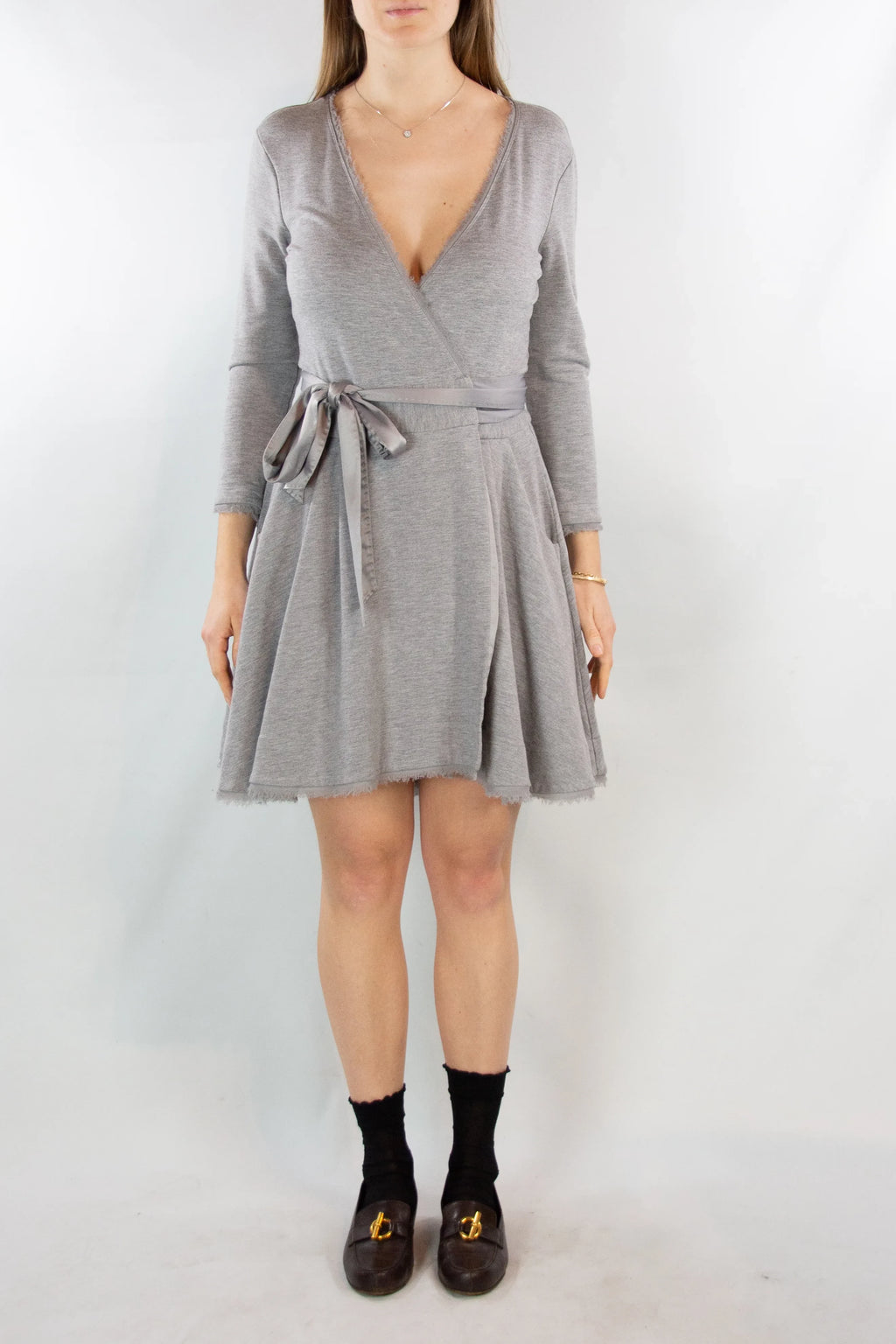 Grey Sweatshirt Wrap Dress with Satin Waist Tie