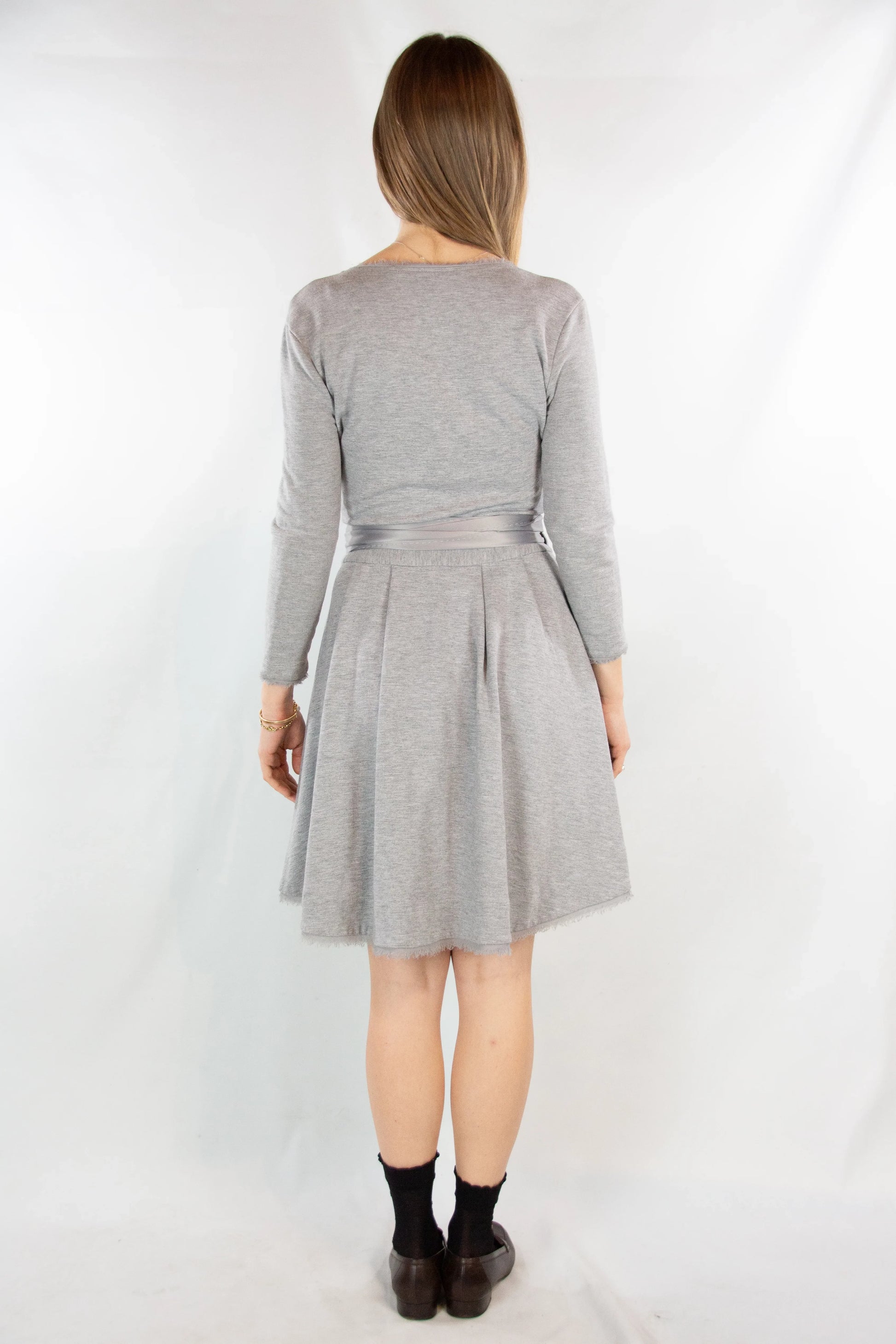 Grey Sweatshirt Wrap Dress with Satin Waist Tie