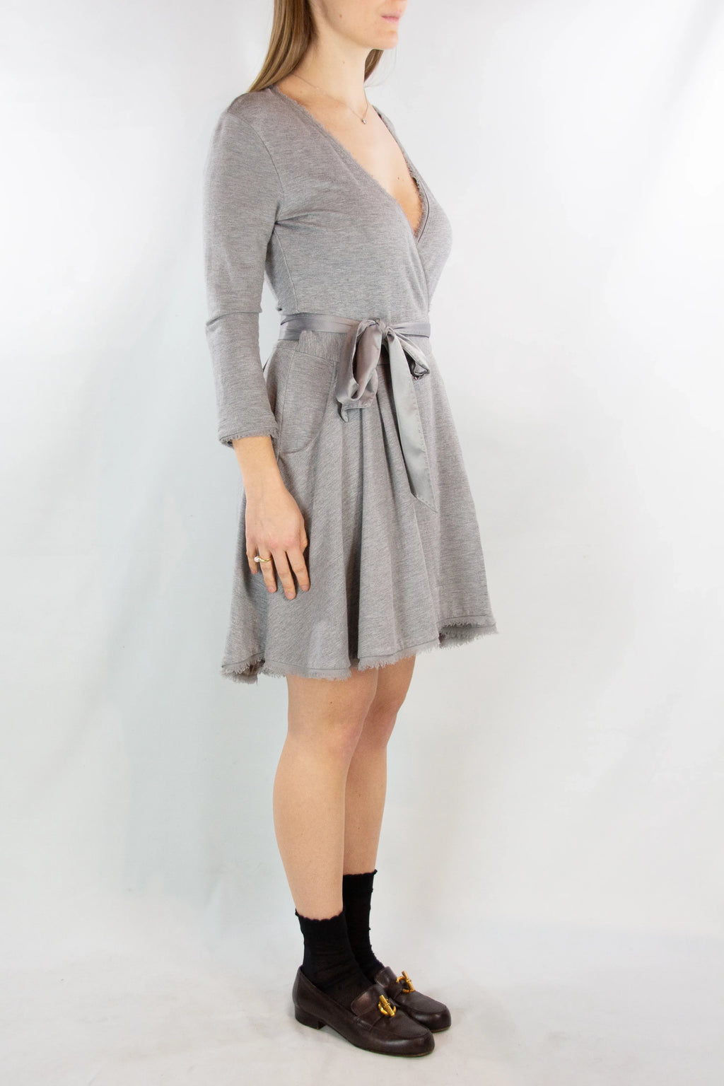 Grey Sweatshirt Wrap Dress with Satin Waist Tie