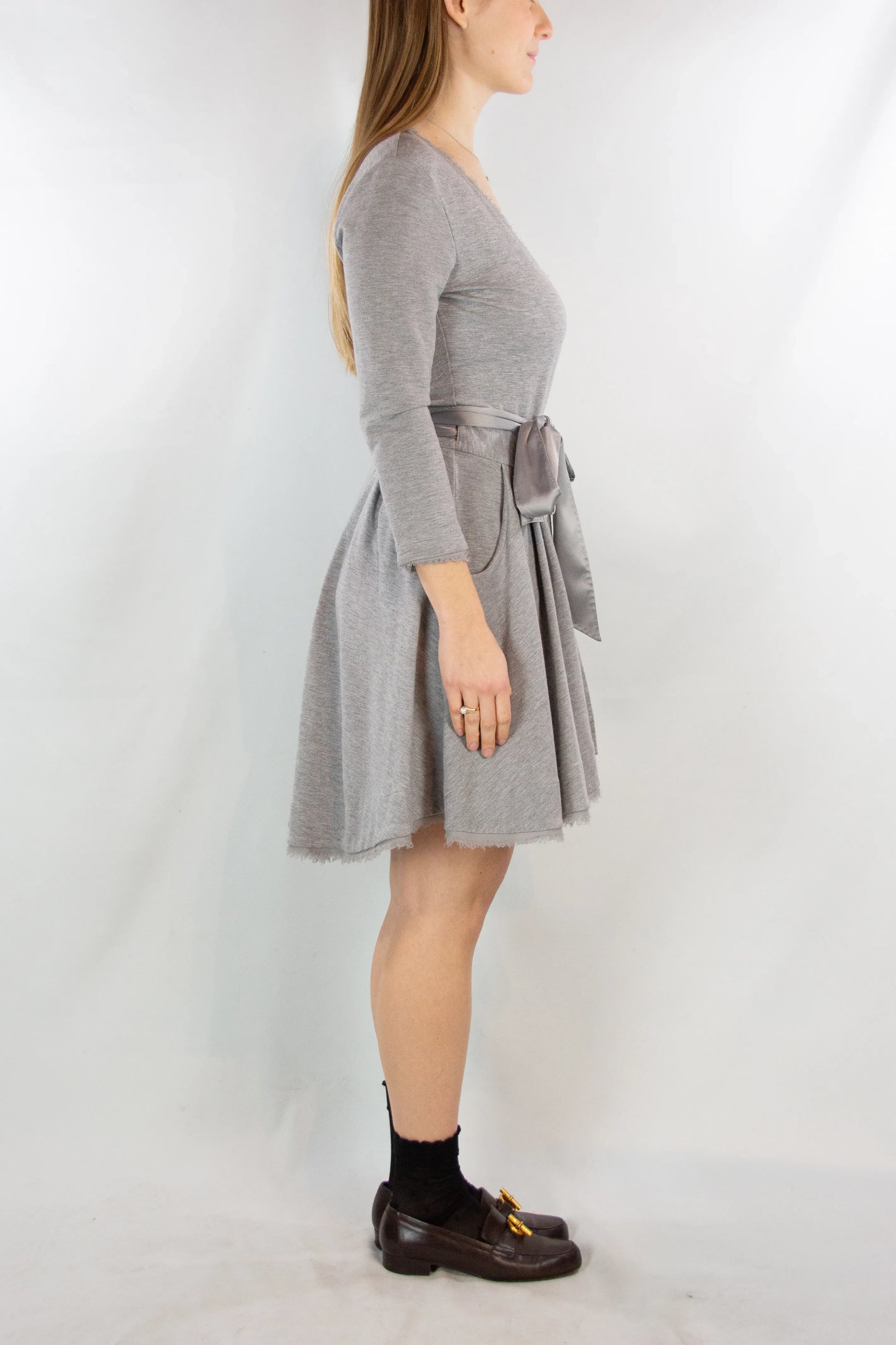 Grey Sweatshirt Wrap Dress with Satin Waist Tie