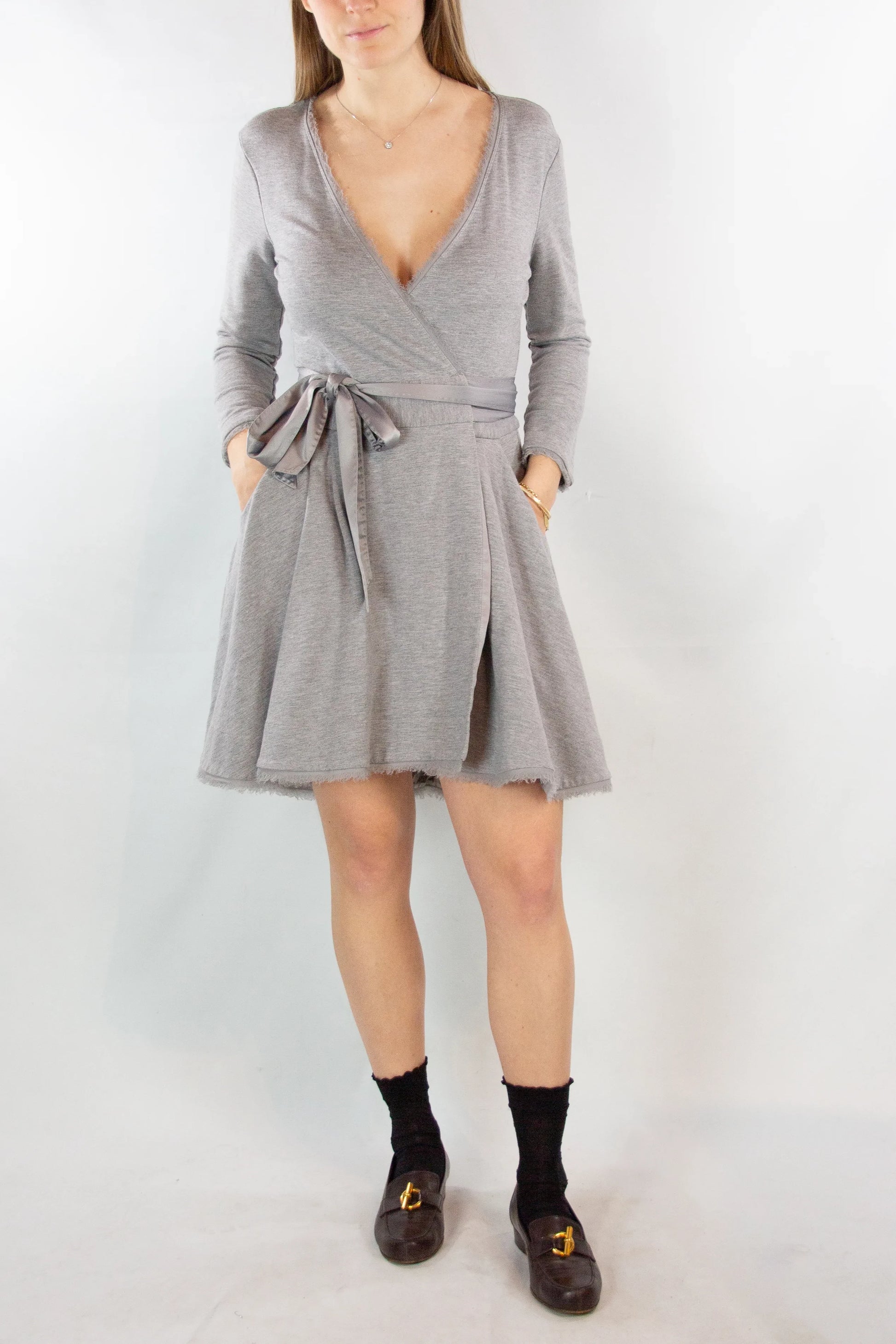 Grey Sweatshirt Wrap Dress with Satin Waist Tie