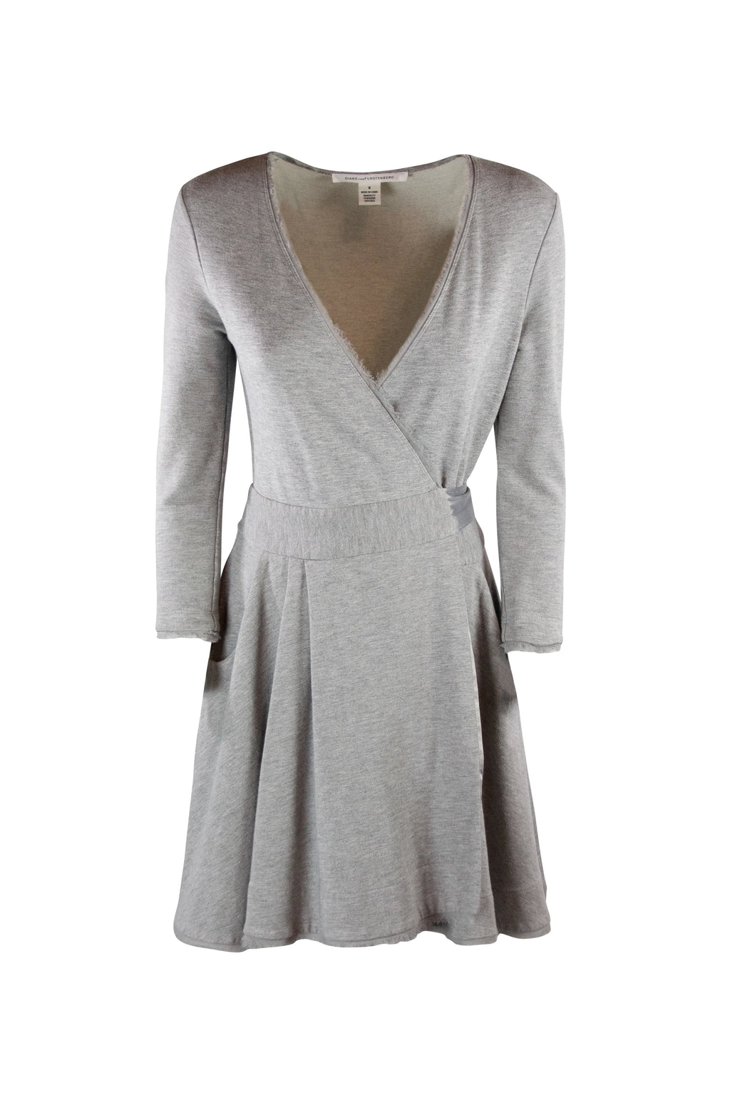 Grey Sweatshirt Wrap Dress with Satin Waist Tie