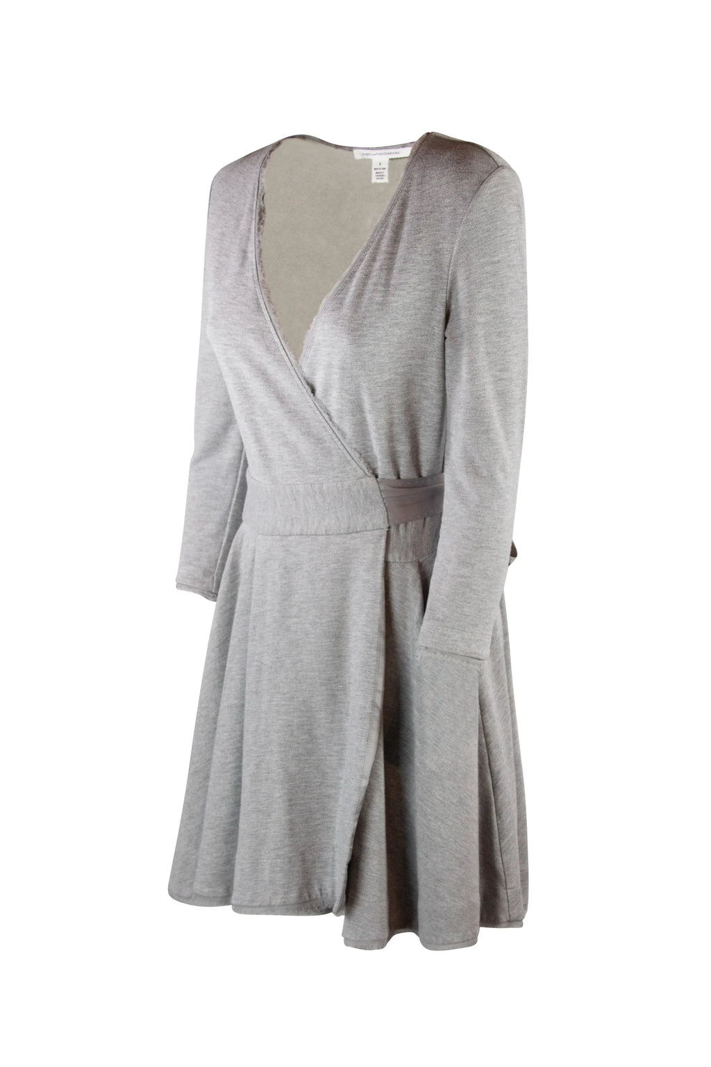 Grey Sweatshirt Wrap Dress with Satin Waist Tie