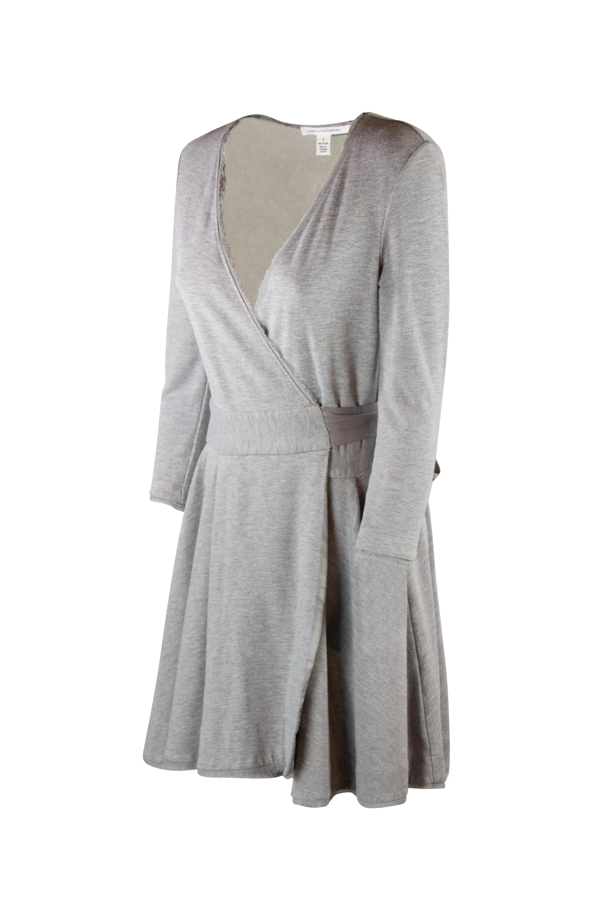 Grey Sweatshirt Wrap Dress with Satin Waist Tie