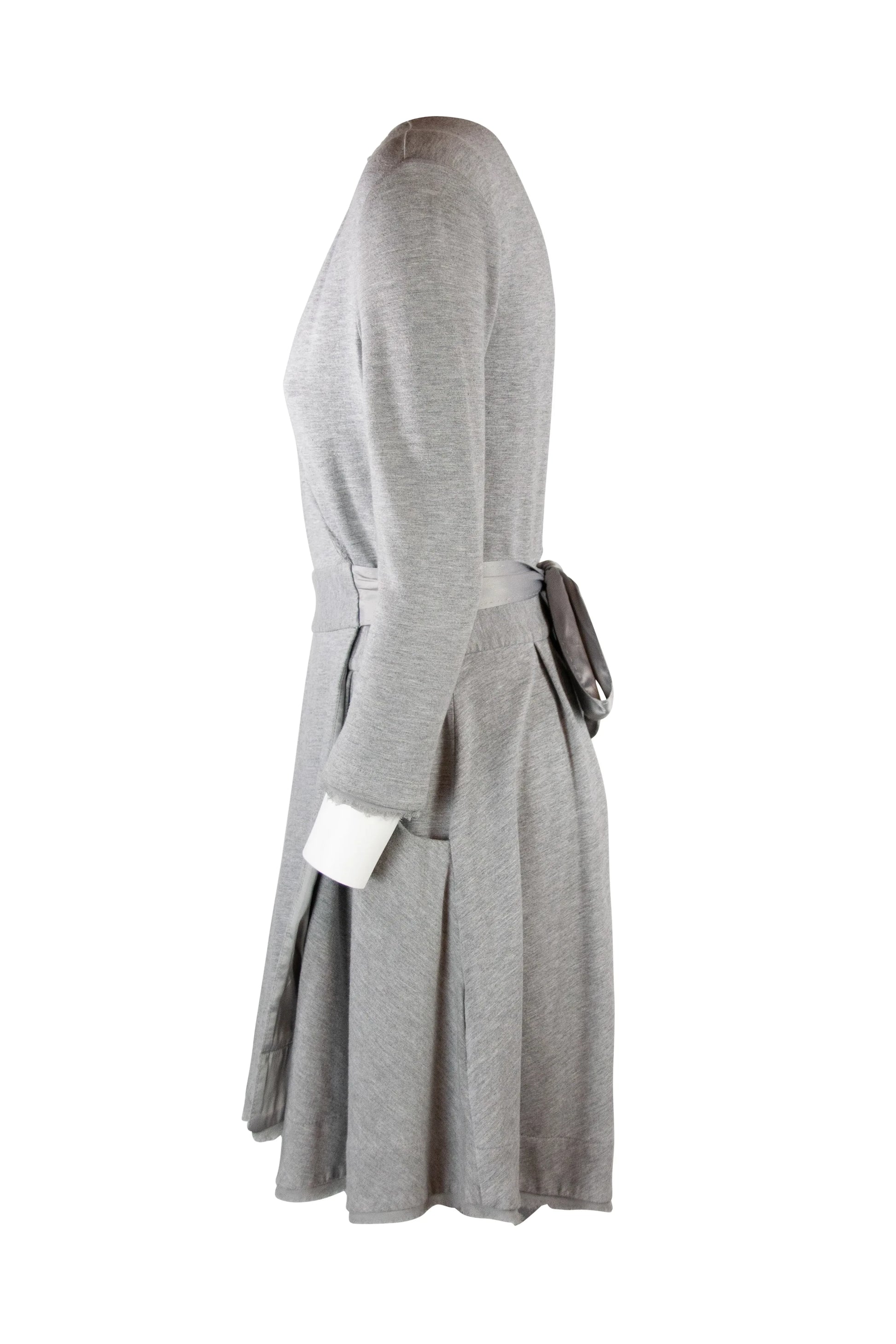 Grey Sweatshirt Wrap Dress with Satin Waist Tie