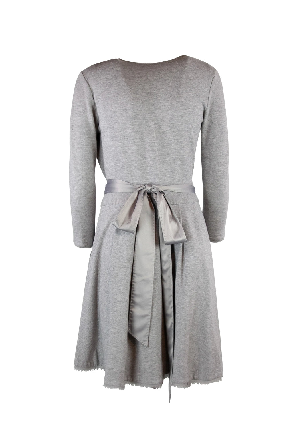 Grey Sweatshirt Wrap Dress with Satin Waist Tie