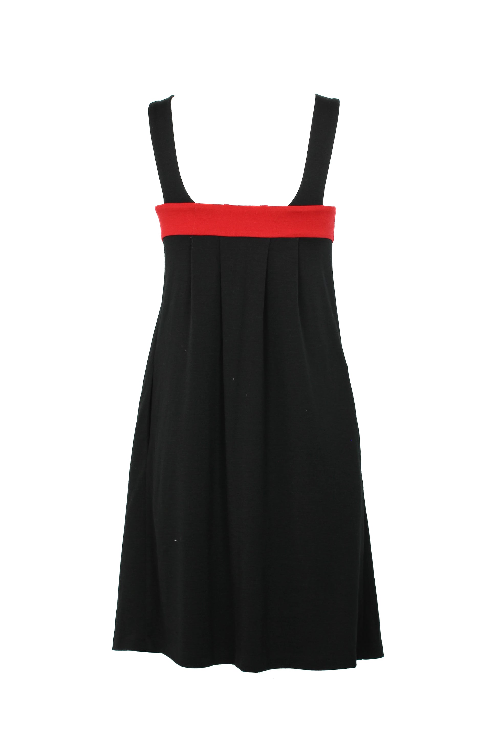 Black Ruched Dress with Red Detail and Scalloped Neckline