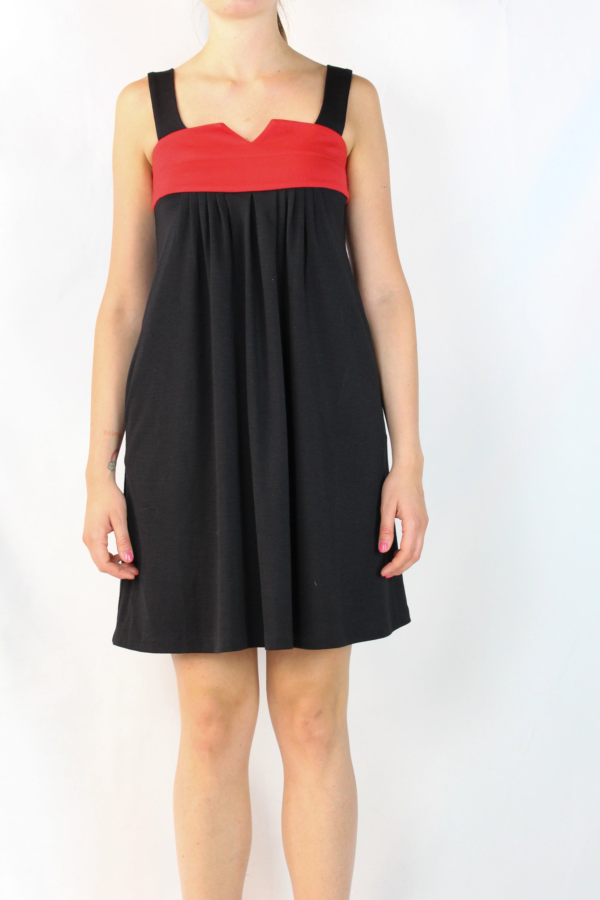 Black Ruched Dress with Red Detail and Scalloped Neckline