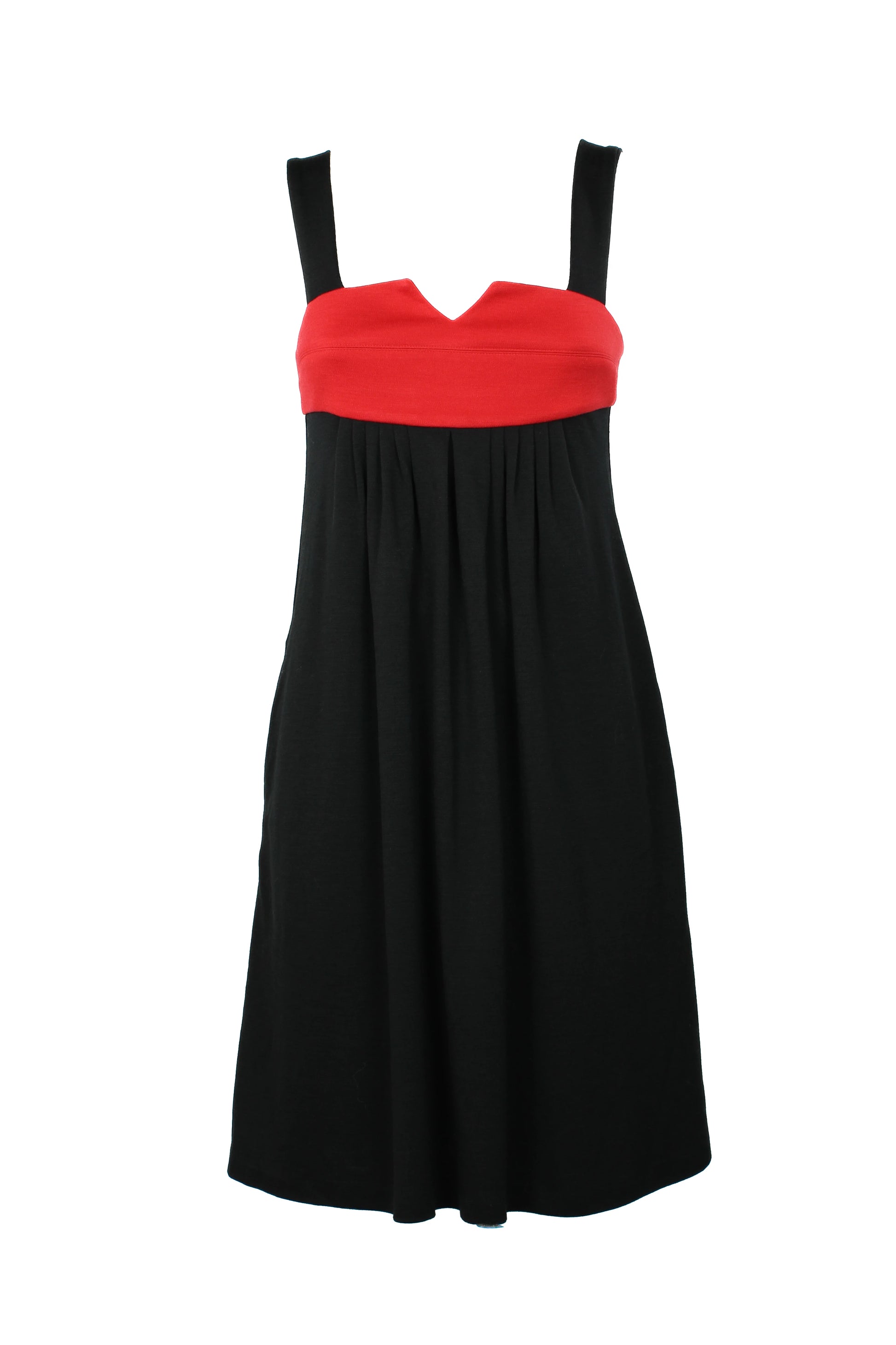 Black Ruched Dress with Red Detail and Scalloped Neckline