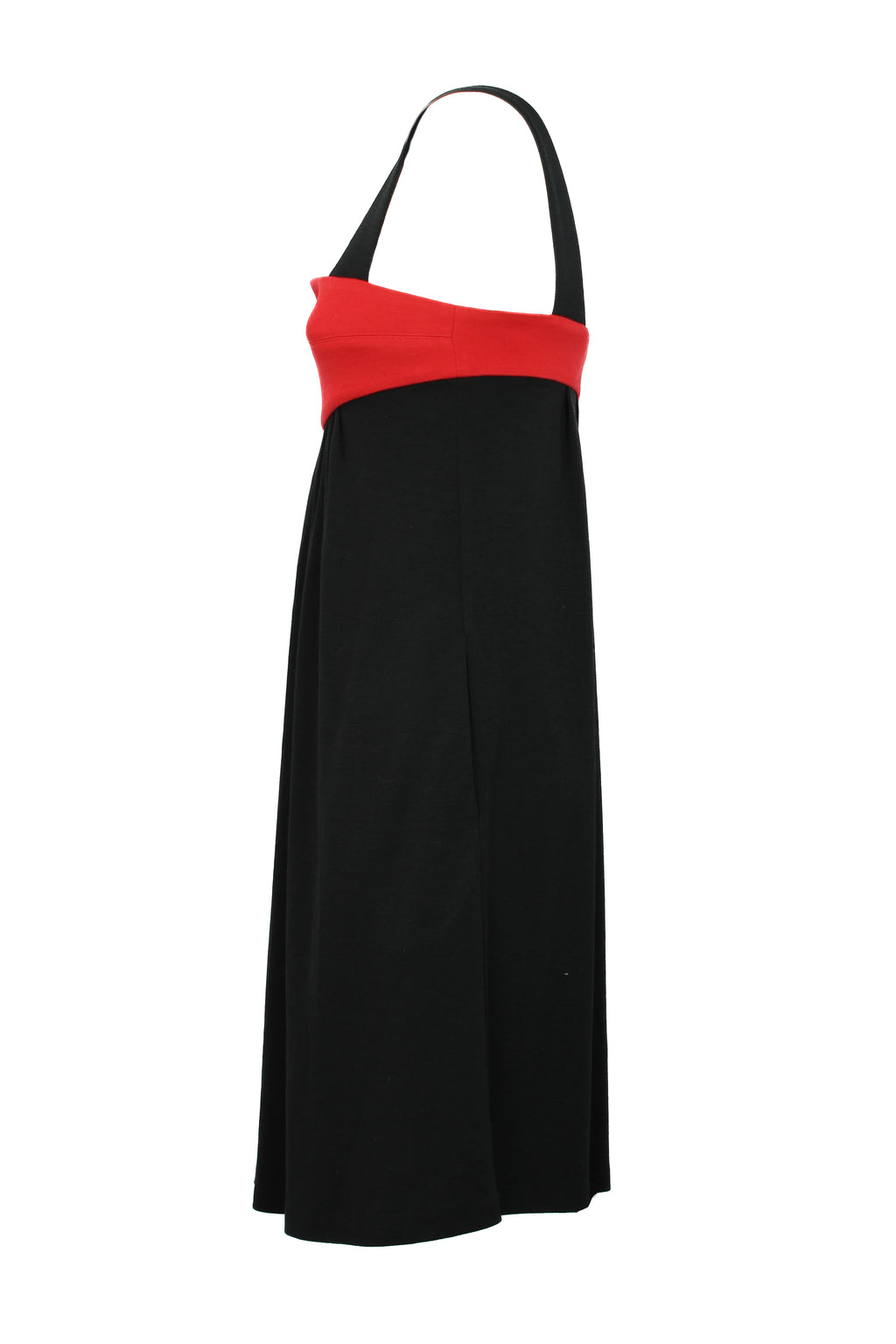 Black Ruched Dress with Red Detail and Scalloped Neckline