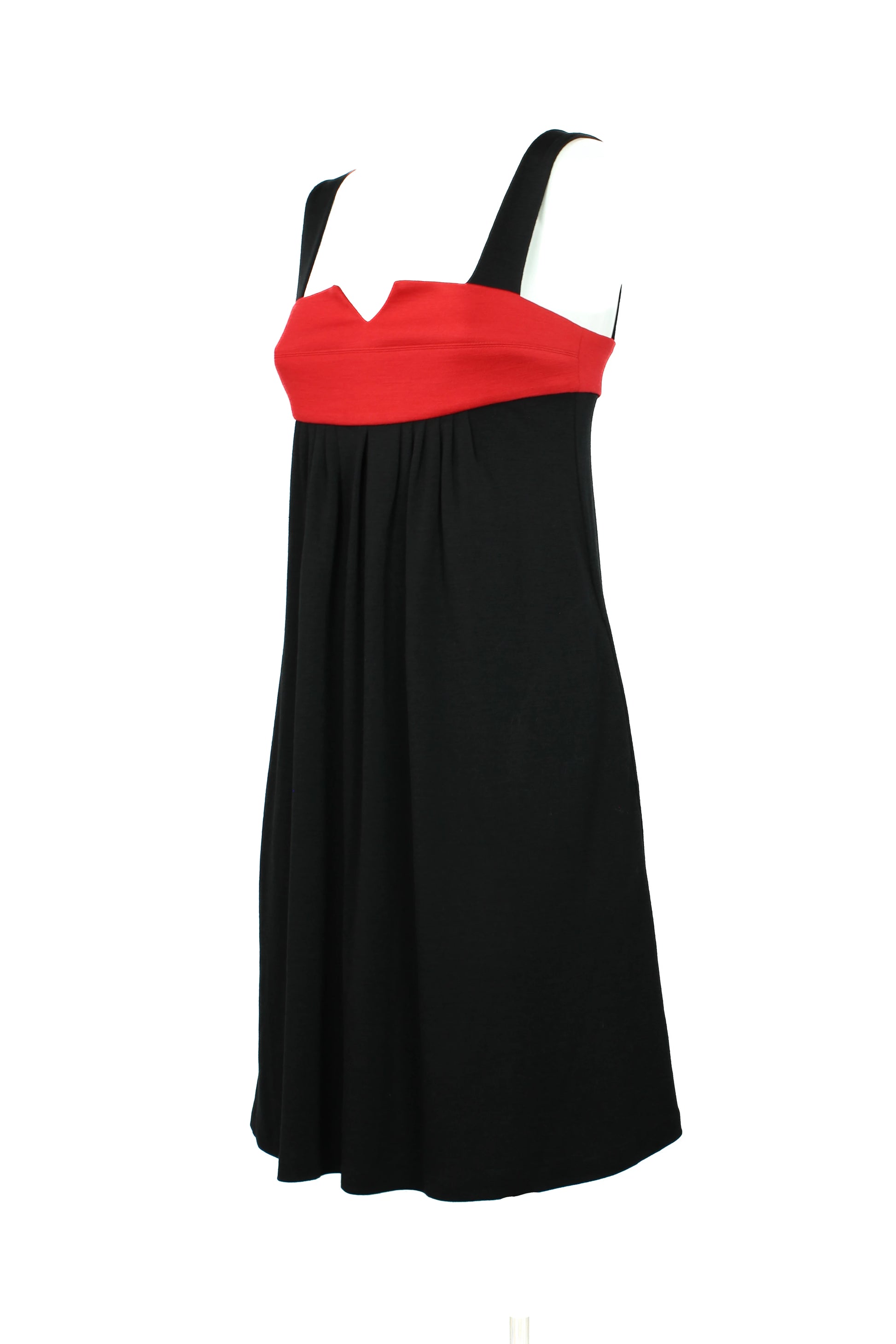 Black Ruched Dress with Red Detail and Scalloped Neckline