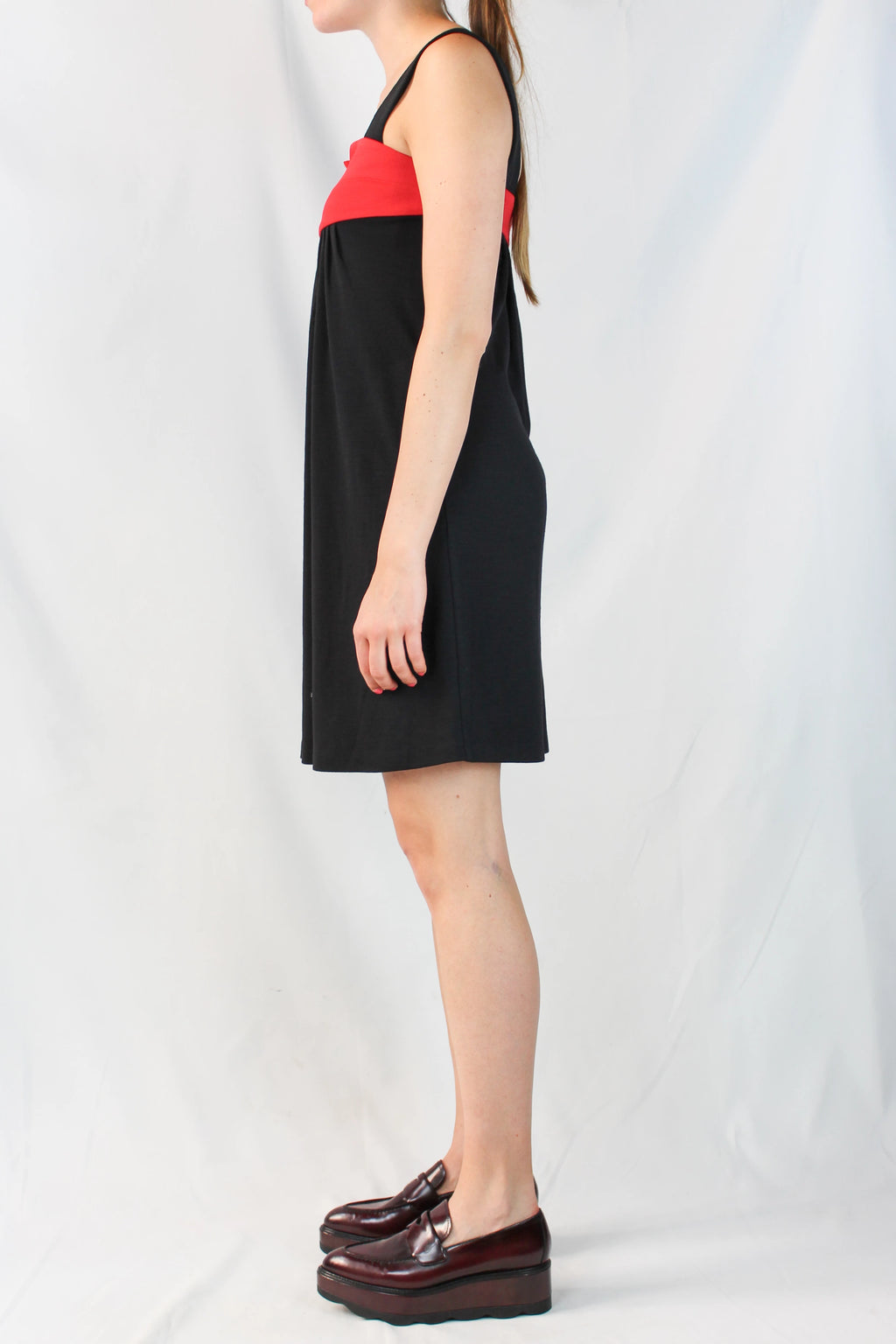 Black Ruched Dress with Red Detail and Scalloped Neckline