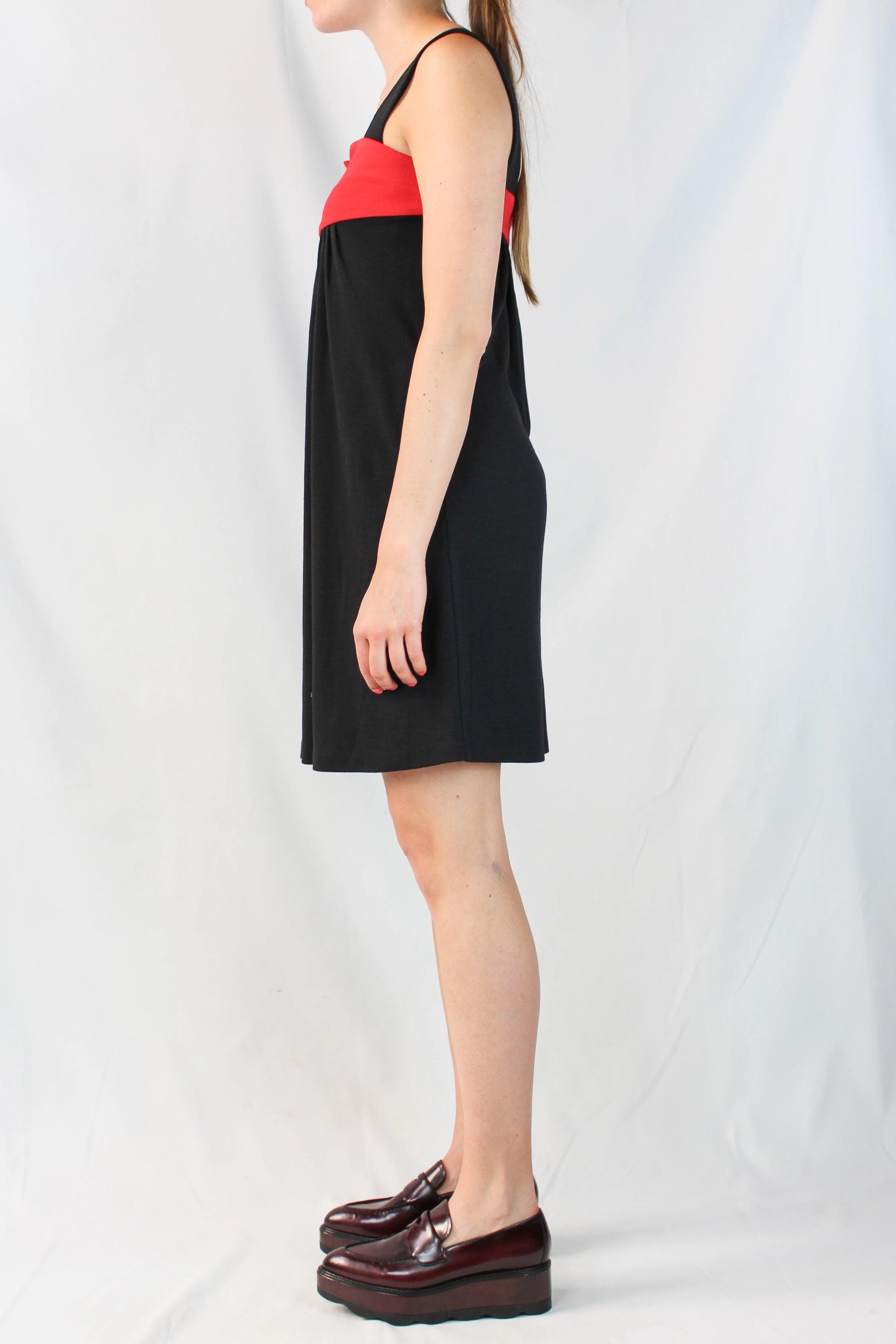 Black Ruched Dress with Red Detail and Scalloped Neckline