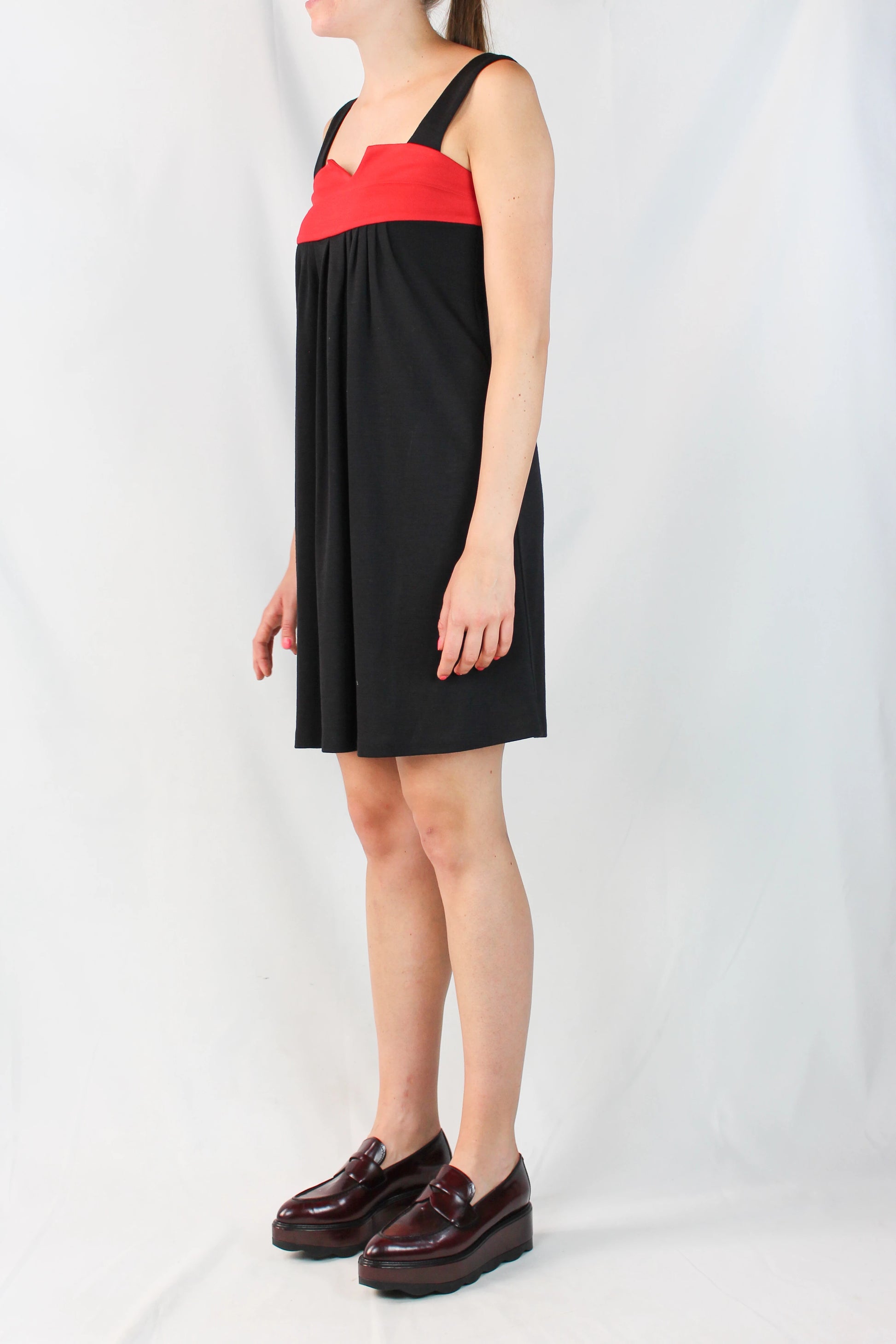 Black Ruched Dress with Red Detail and Scalloped Neckline