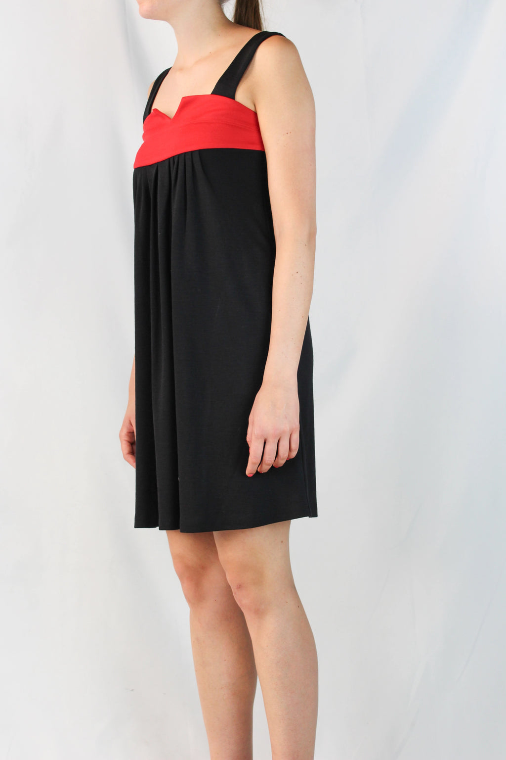 Black Ruched Dress with Red Detail and Scalloped Neckline