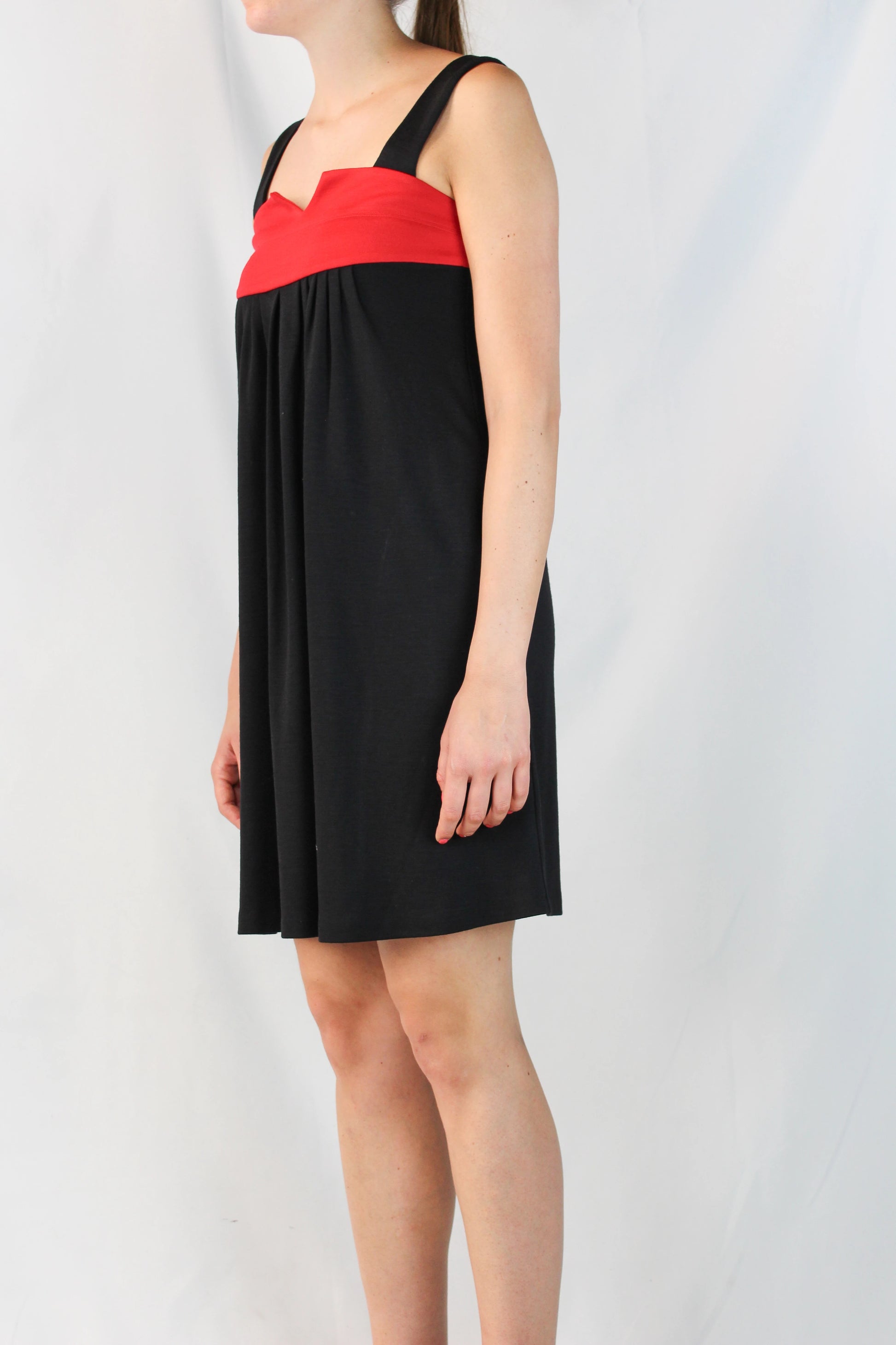 Black Ruched Dress with Red Detail and Scalloped Neckline