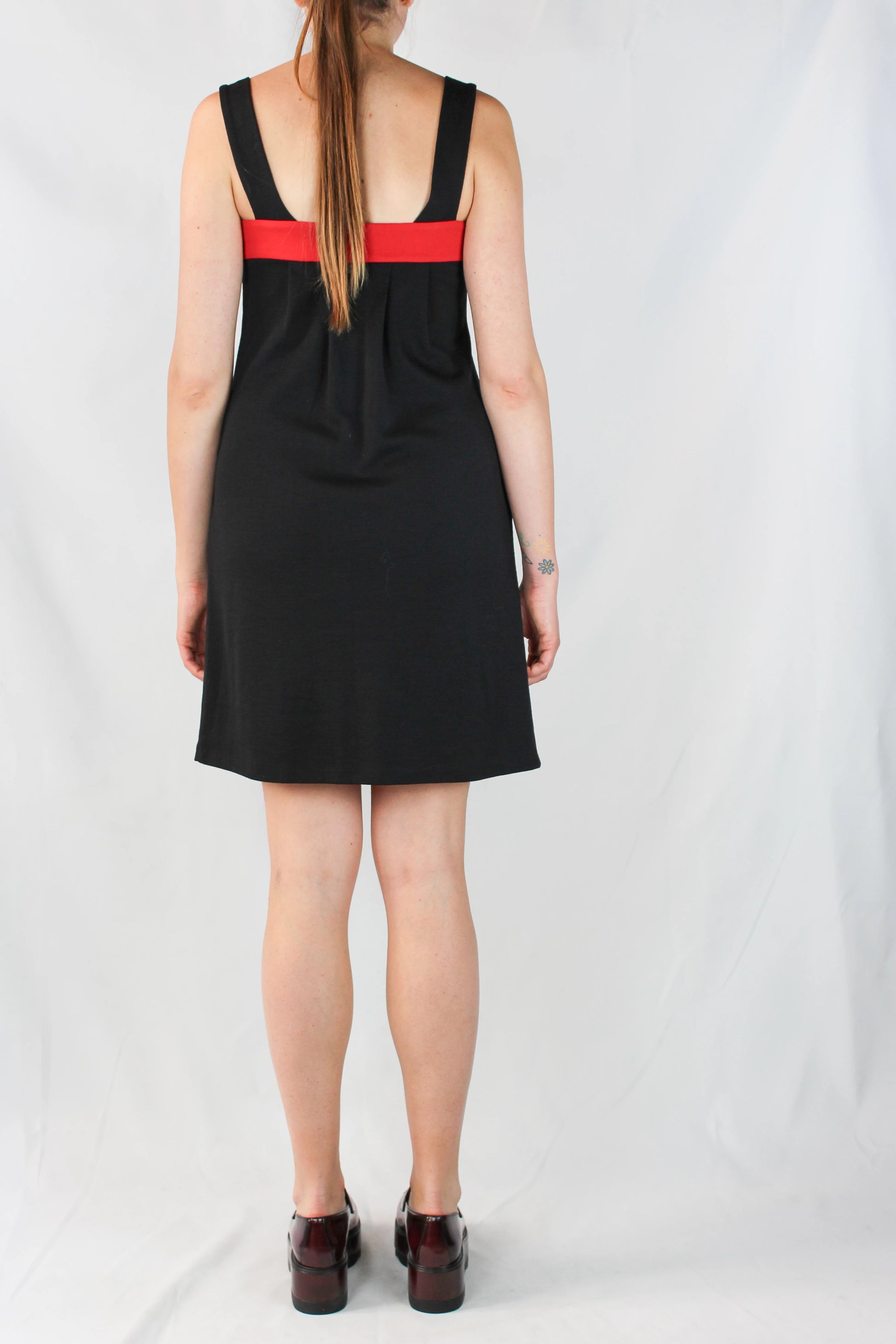 Black Ruched Dress with Red Detail and Scalloped Neckline