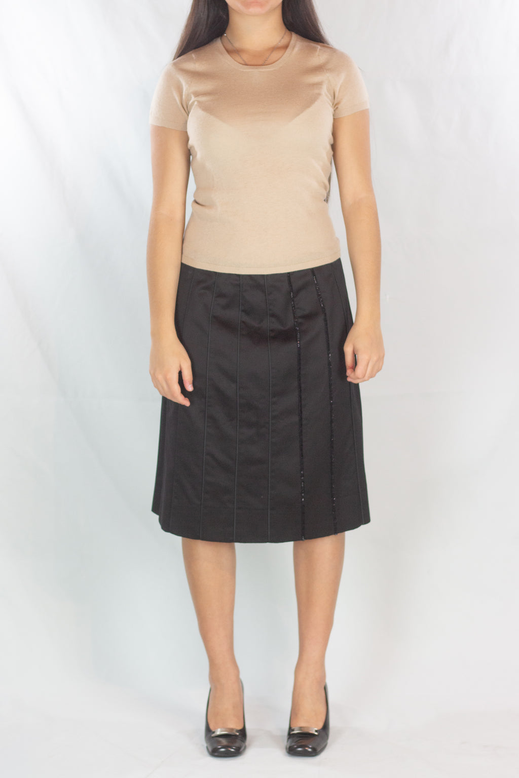 Black Trapeze Skirt with Beaded Vertical Tubing Detail