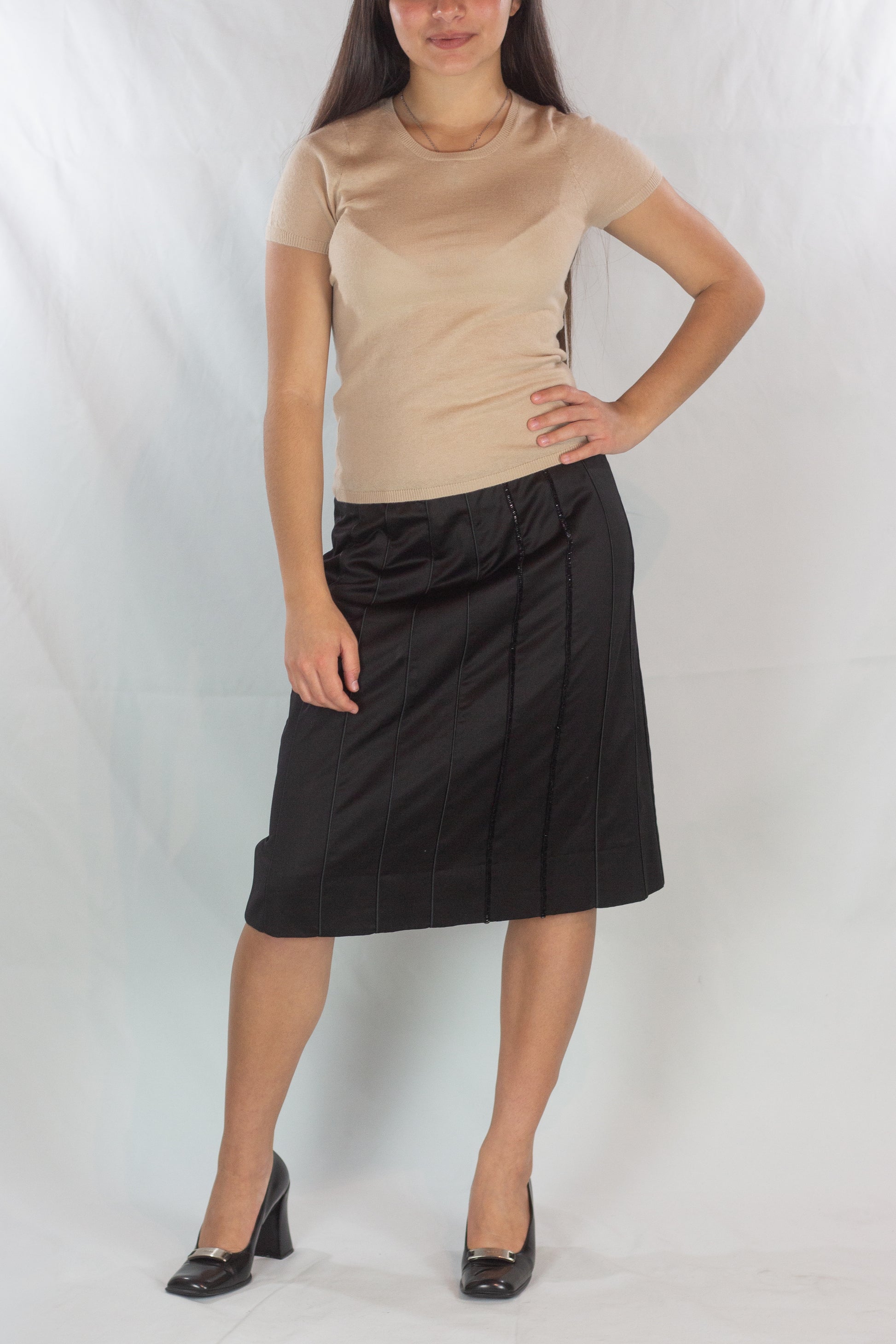 Black Trapeze Skirt with Beaded Vertical Tubing Detail