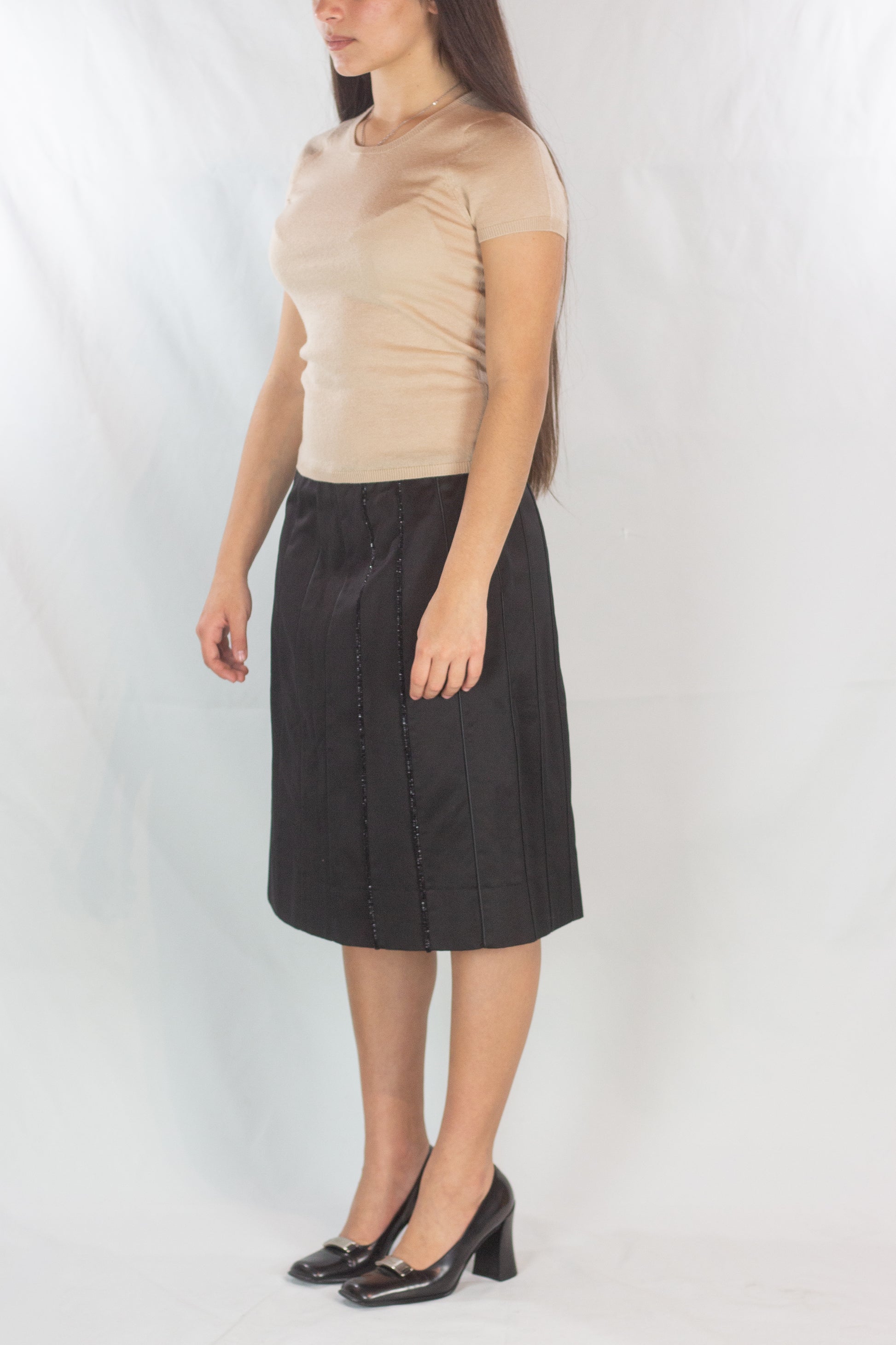 Black Trapeze Skirt with Beaded Vertical Tubing Detail
