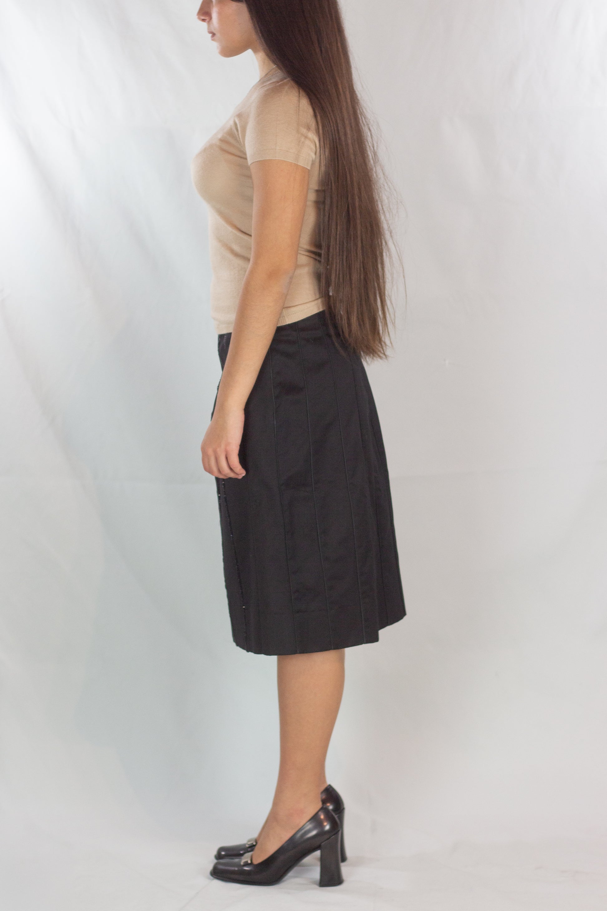 Black Trapeze Skirt with Beaded Vertical Tubing Detail