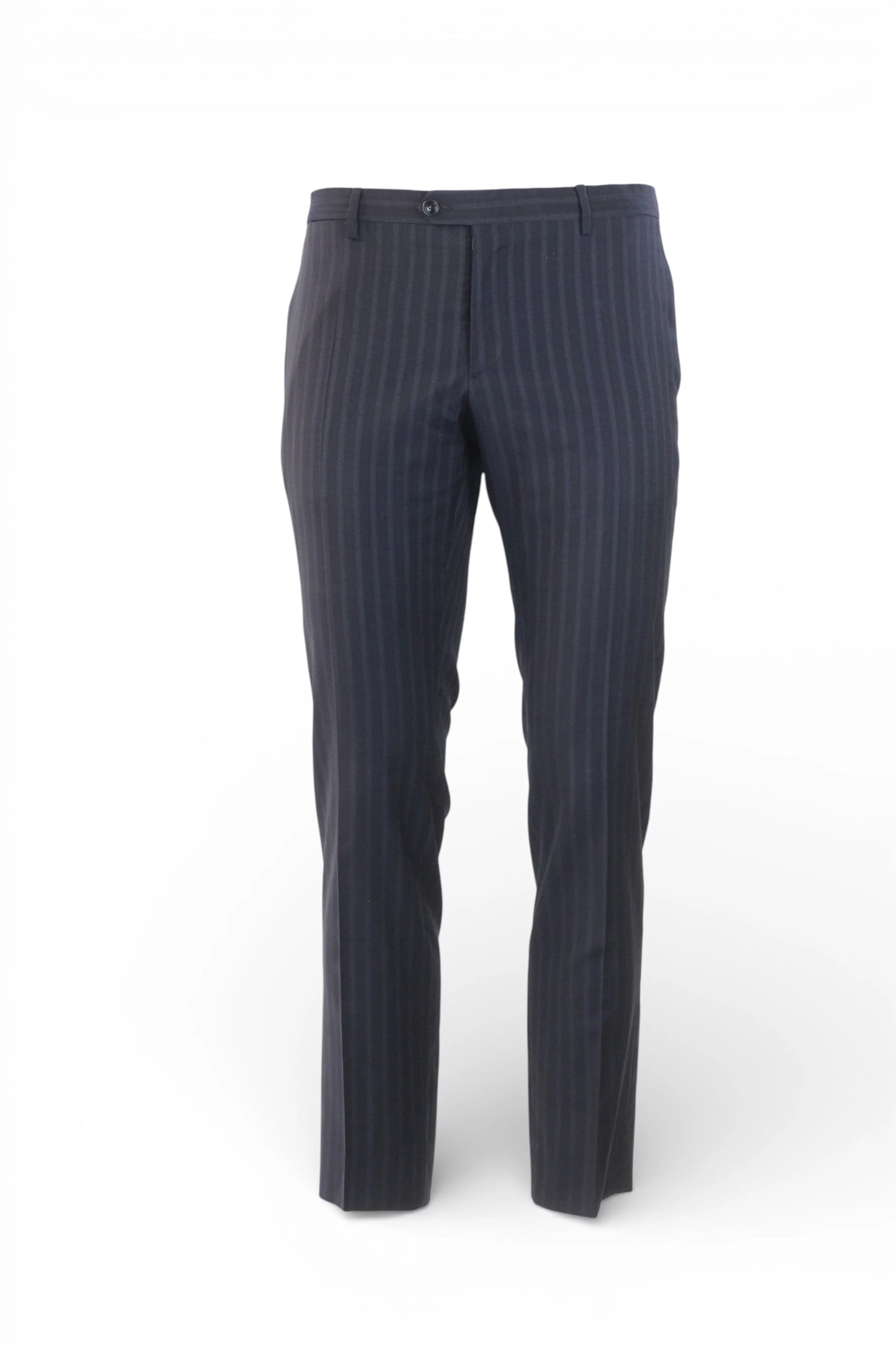 Pinstripe Wool Slim Trousers in Navy Blue