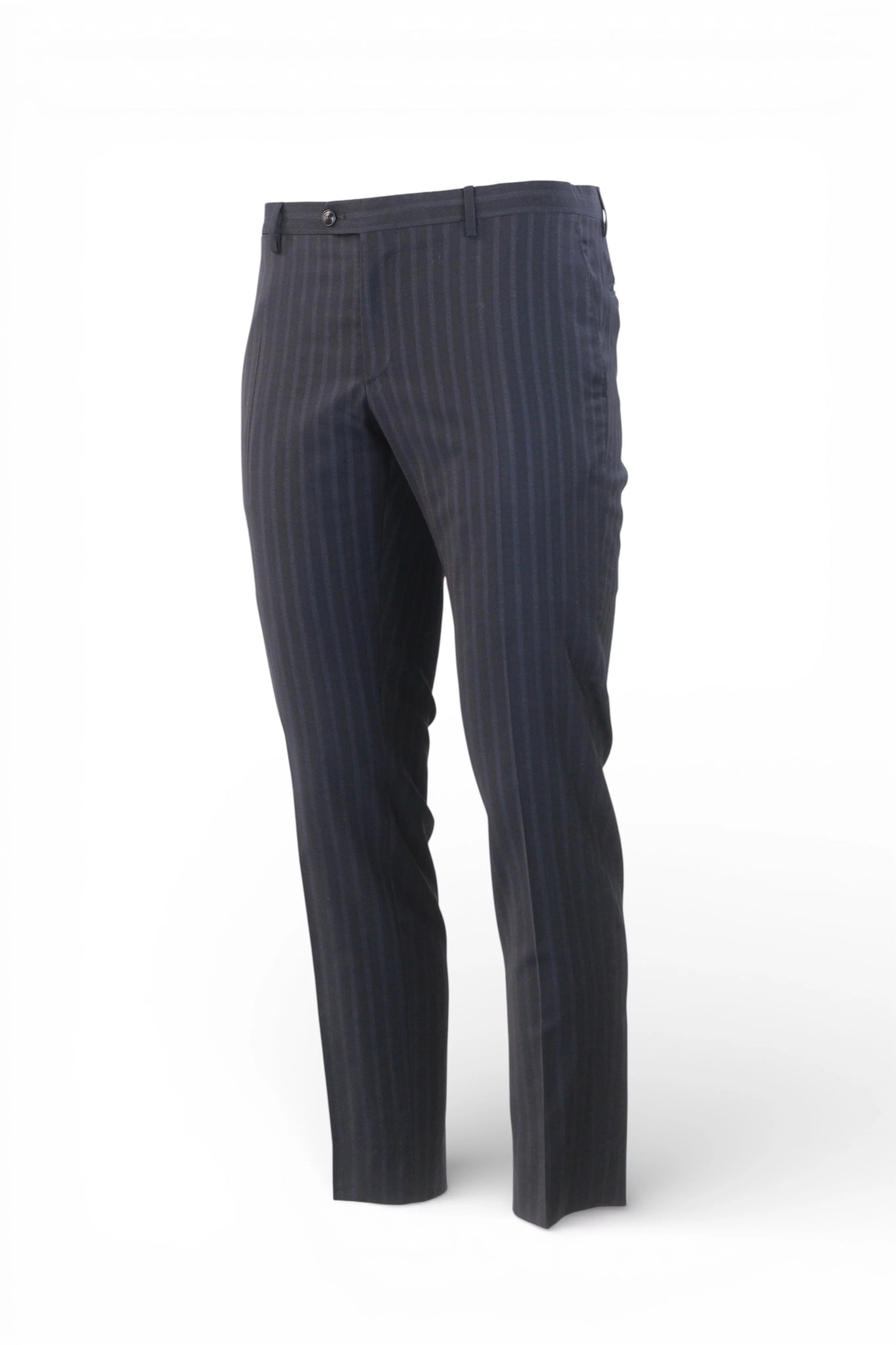Pinstripe Wool Slim Trousers in Navy Blue