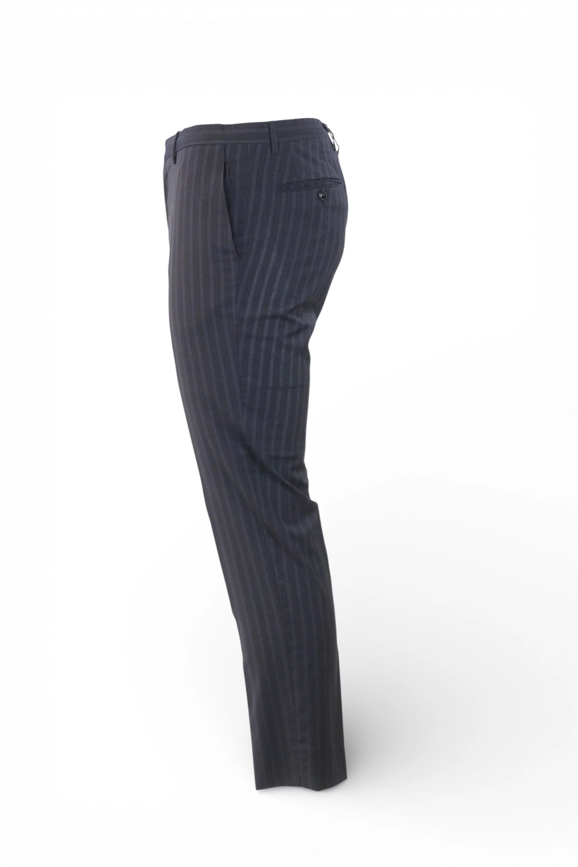 Pinstripe Wool Slim Trousers in Navy Blue