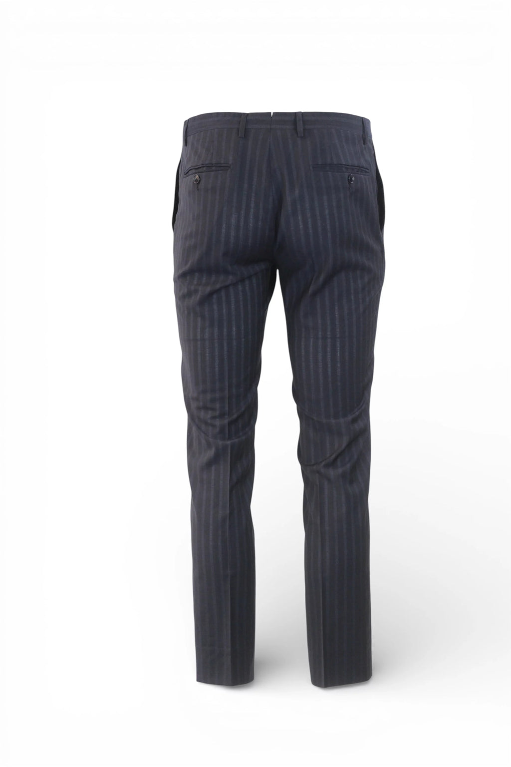 Pinstripe Wool Slim Trousers in Navy Blue