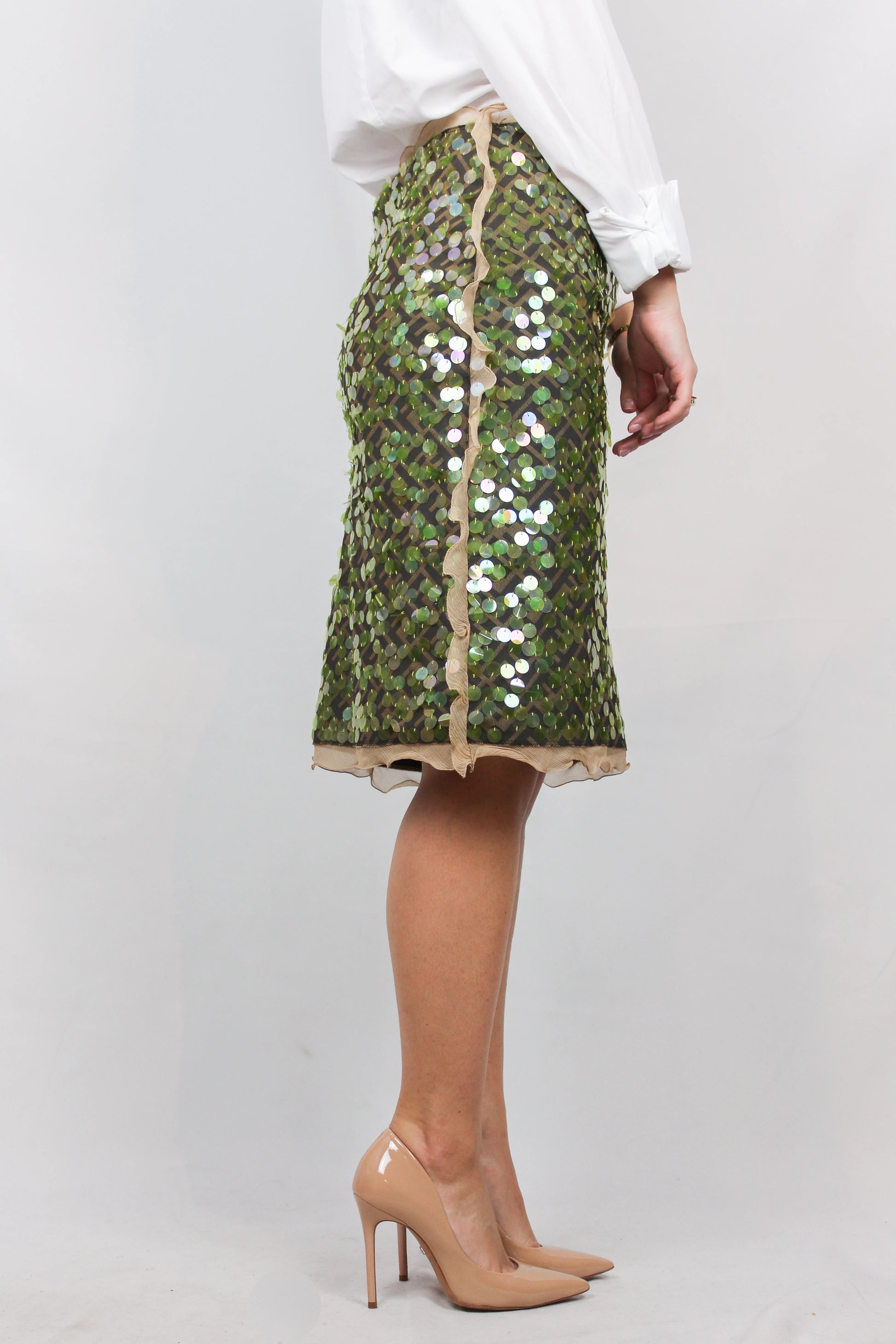 Monogram skirt with acid green sequins and chiffon ruching SS2000
