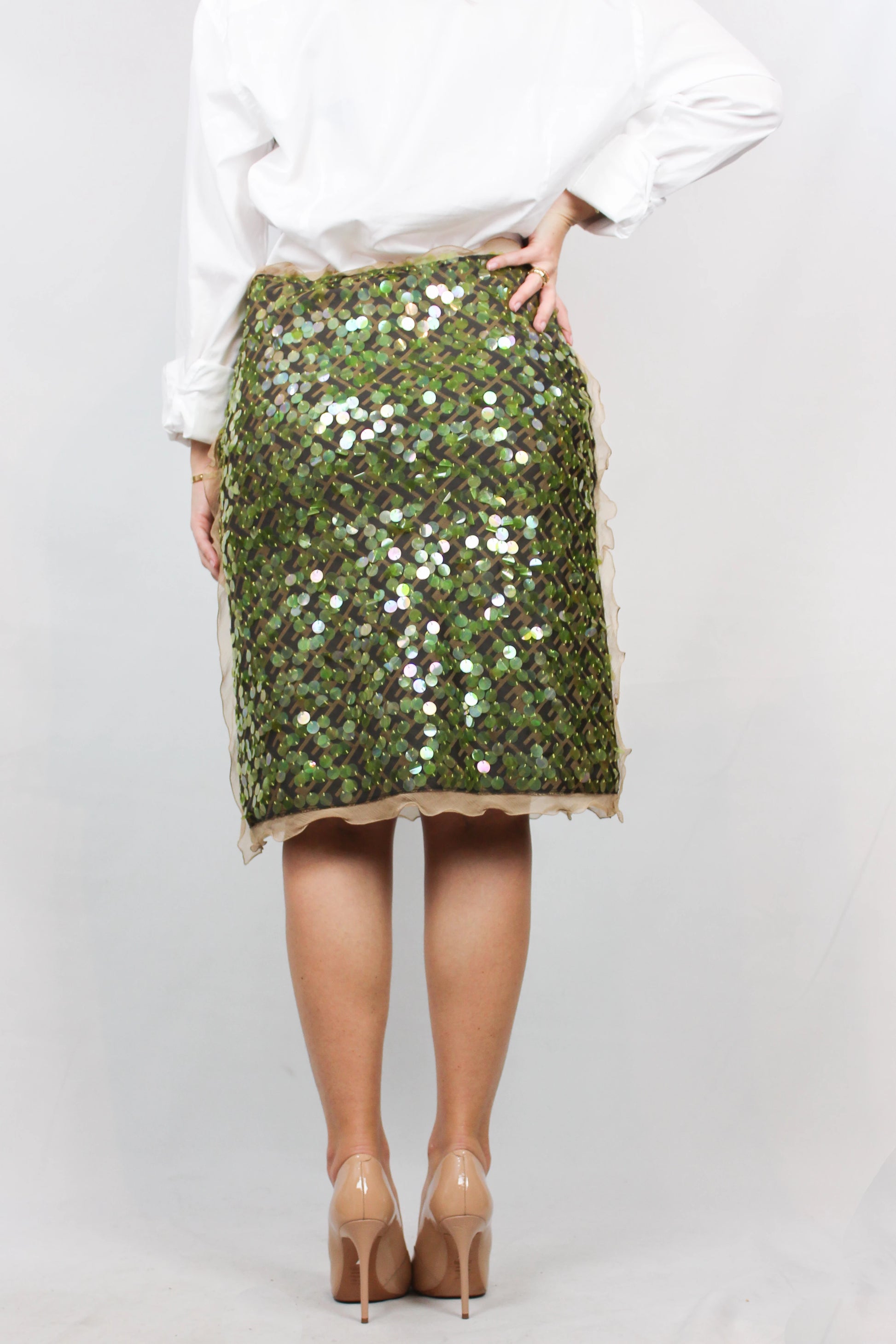Monogram skirt with acid green sequins and chiffon ruching SS2000
