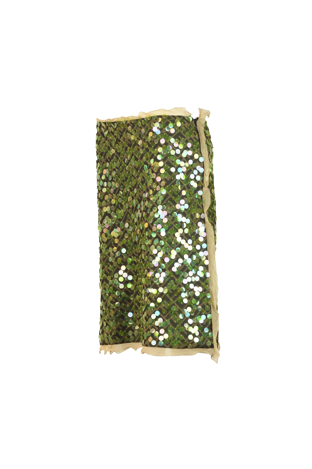 Monogram skirt with acid green sequins and chiffon ruching SS2000