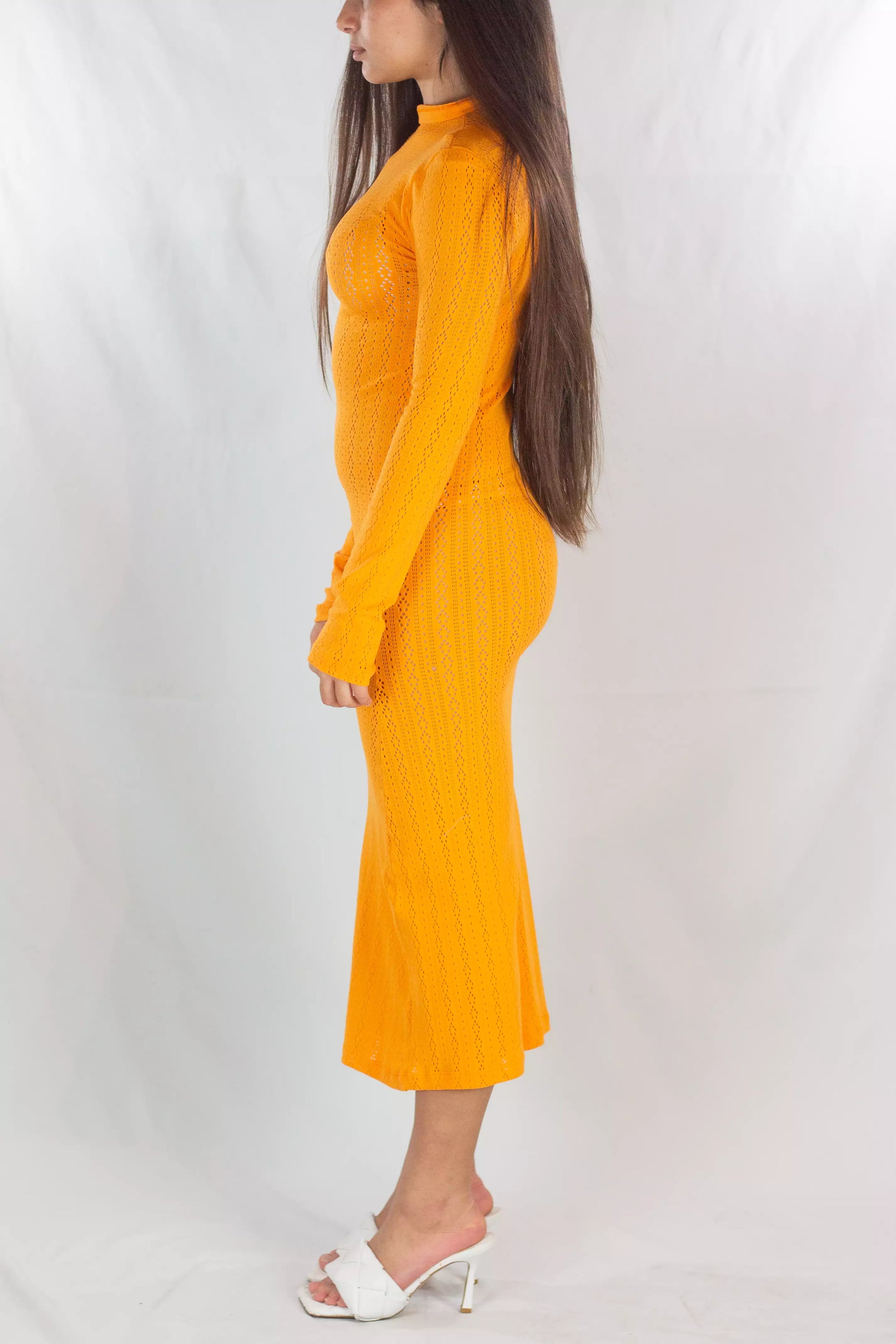 Fendi Orange Knit Long Sleeve Midi Dress