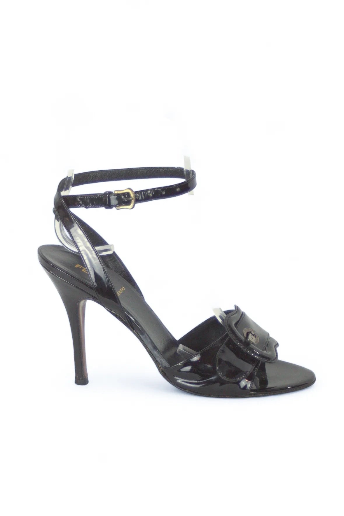 Black patent sandals with buckle decor