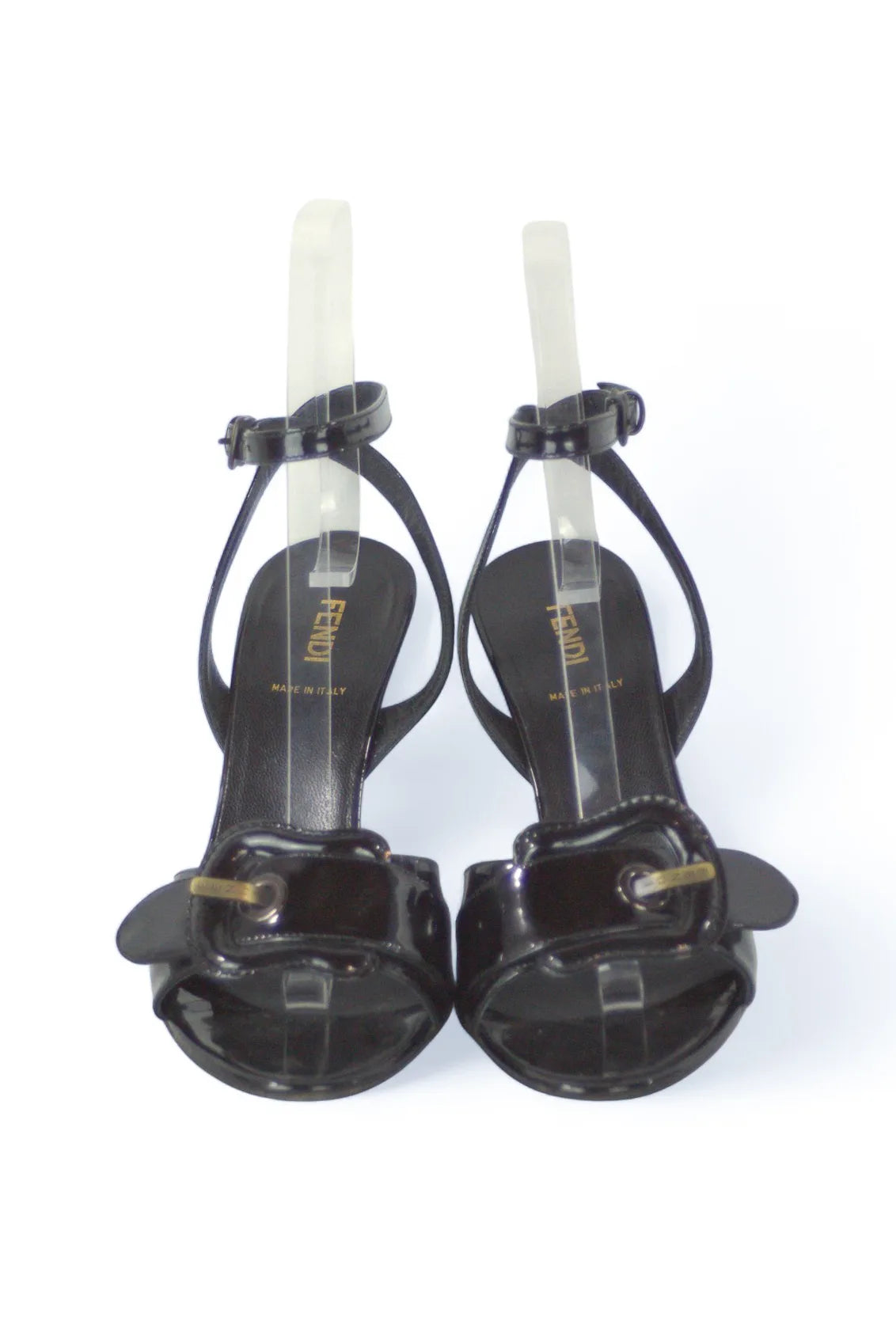 Black patent sandals with buckle decor