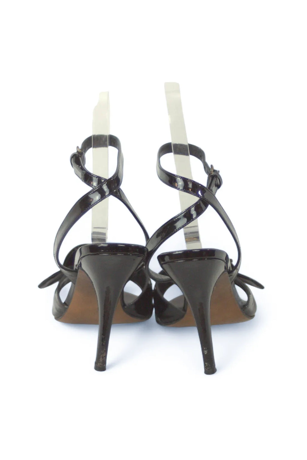 Black patent sandals with buckle decor