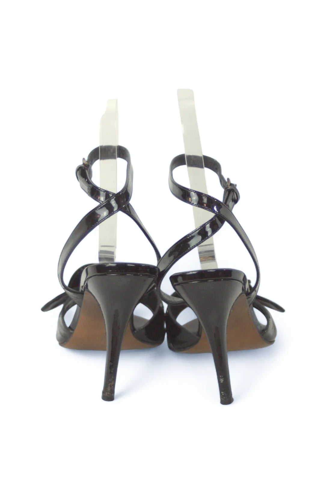 Black patent sandals with buckle decor