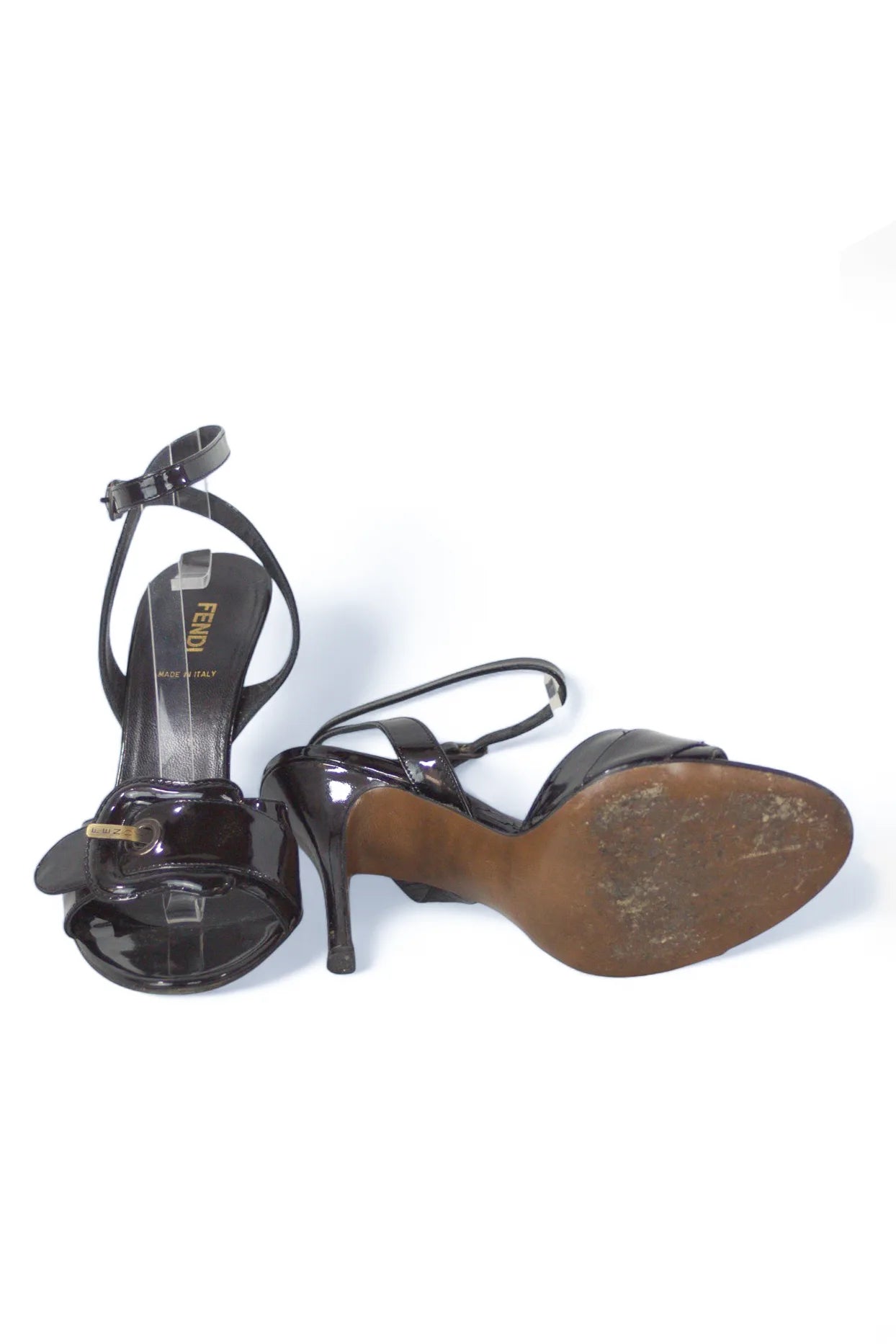 Black patent sandals with buckle decor