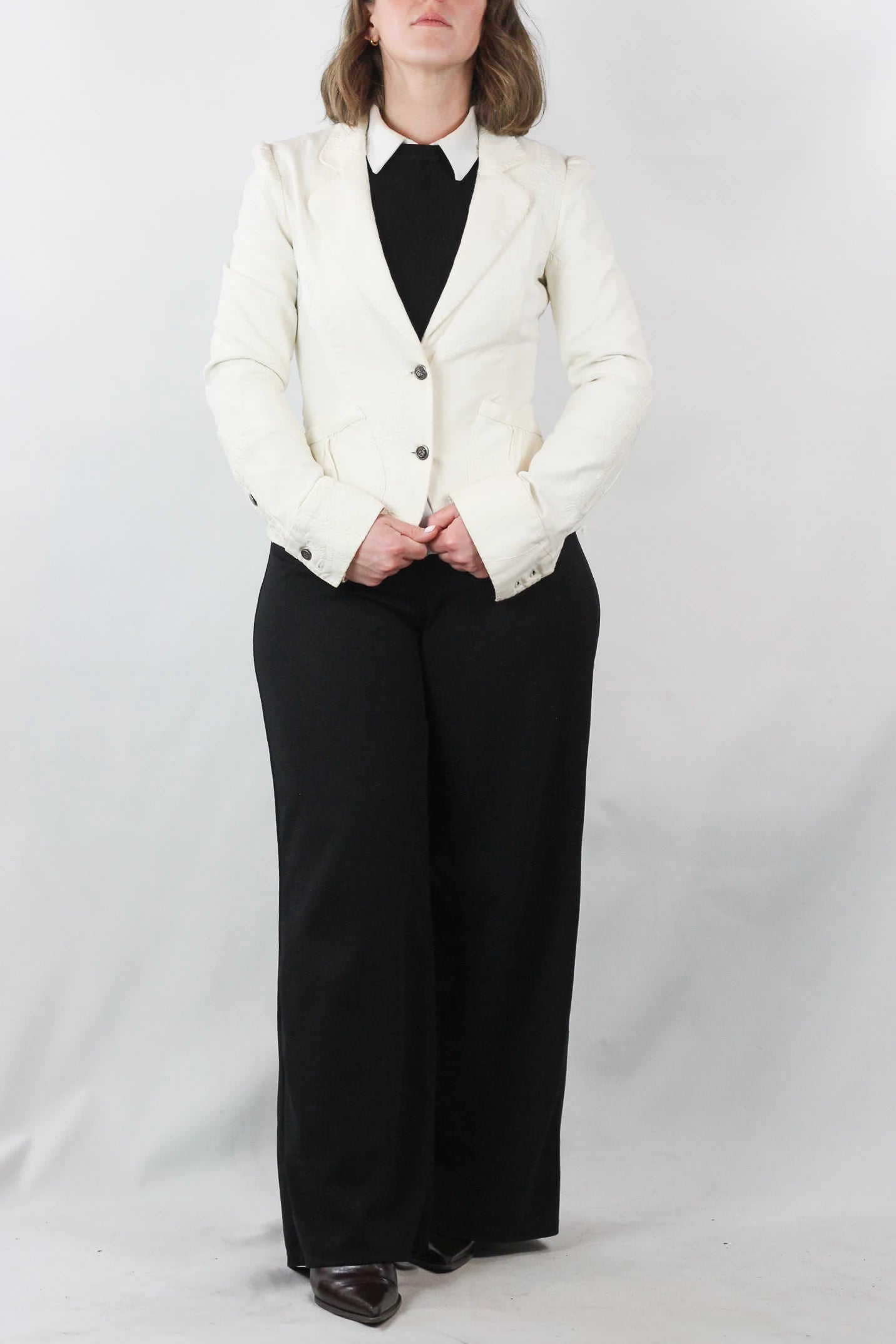 White Cotton Fitted Blazer with Tonal Embroidery
