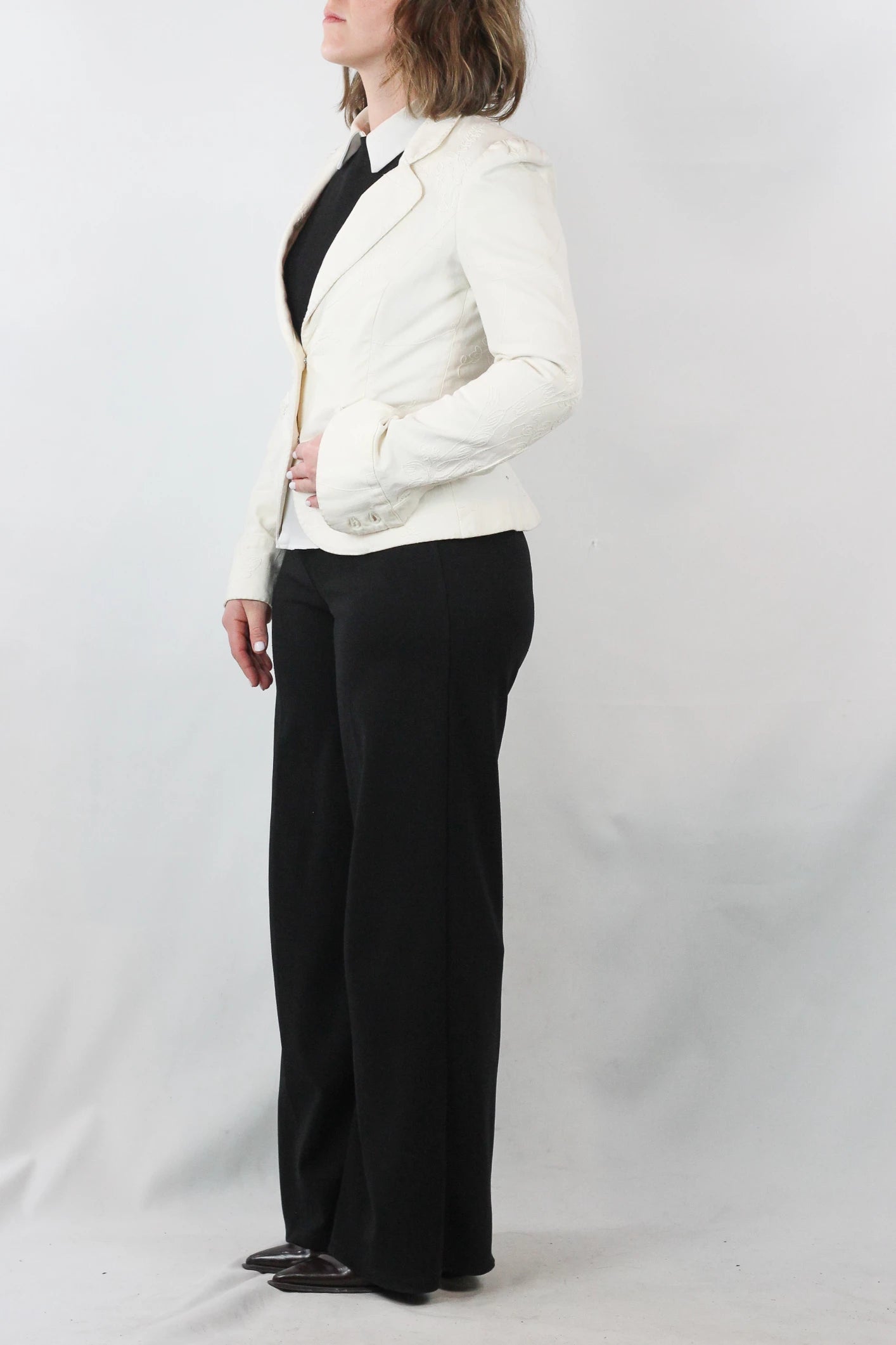 White Cotton Fitted Blazer with Tonal Embroidery