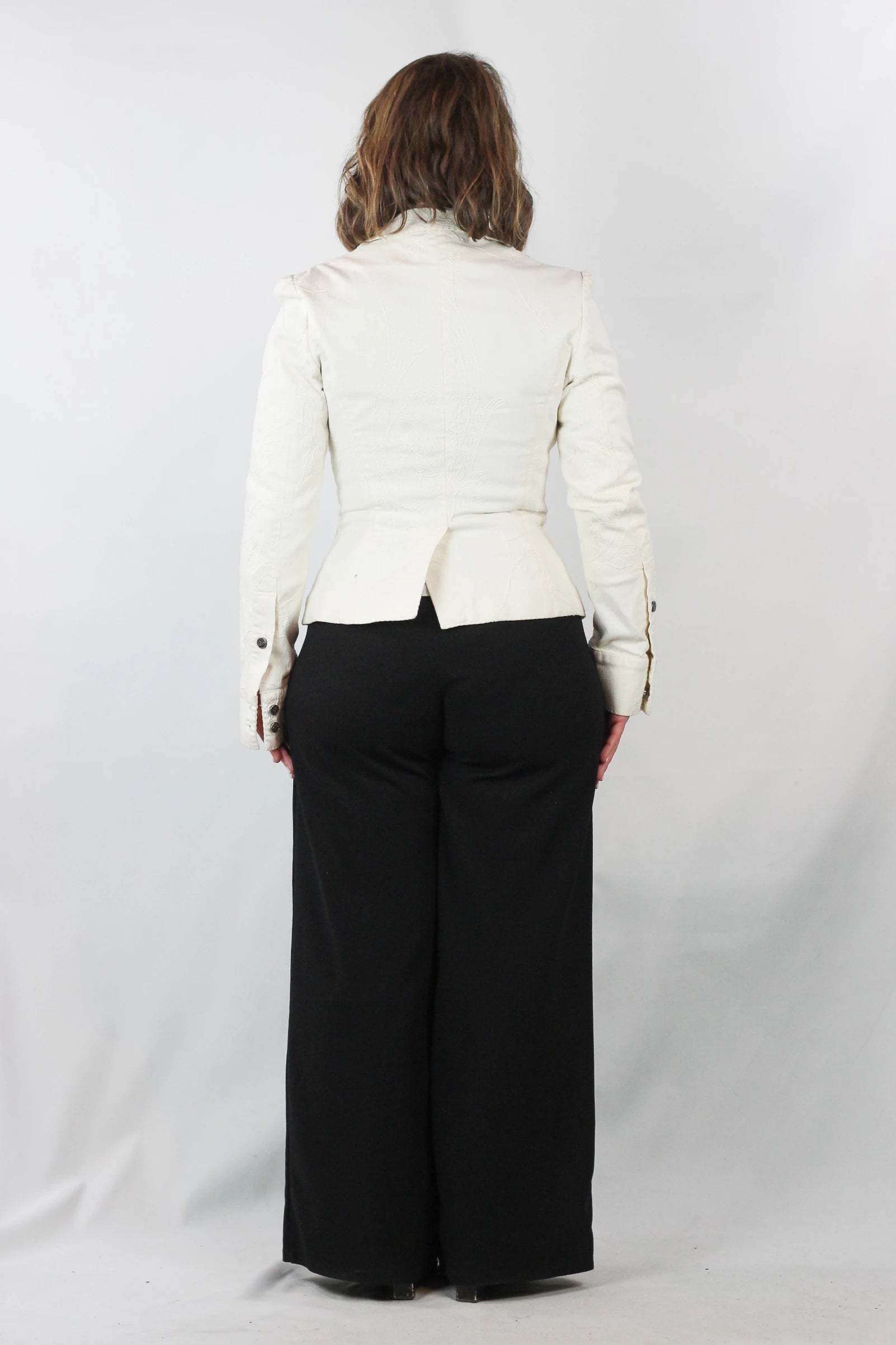 White Cotton Fitted Blazer with Tonal Embroidery