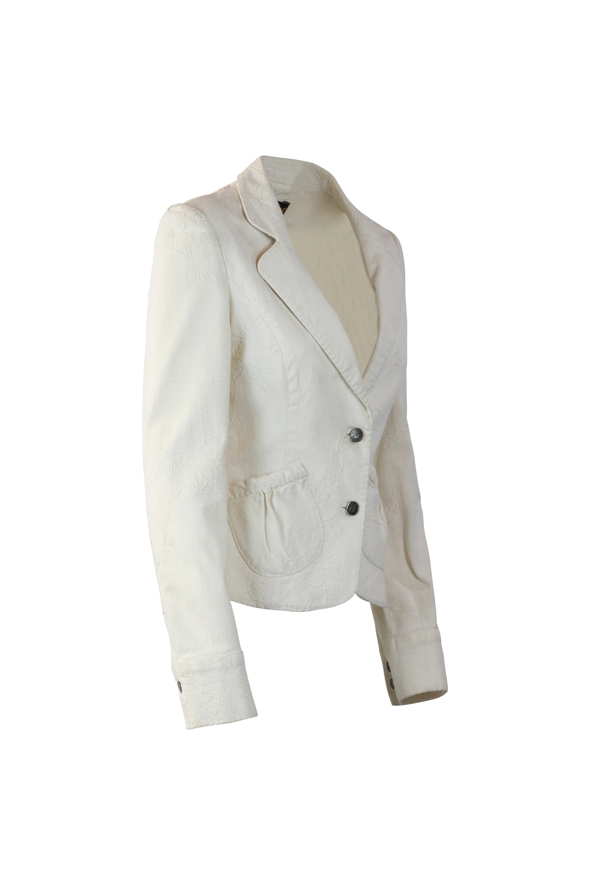 White Cotton Fitted Blazer with Tonal Embroidery