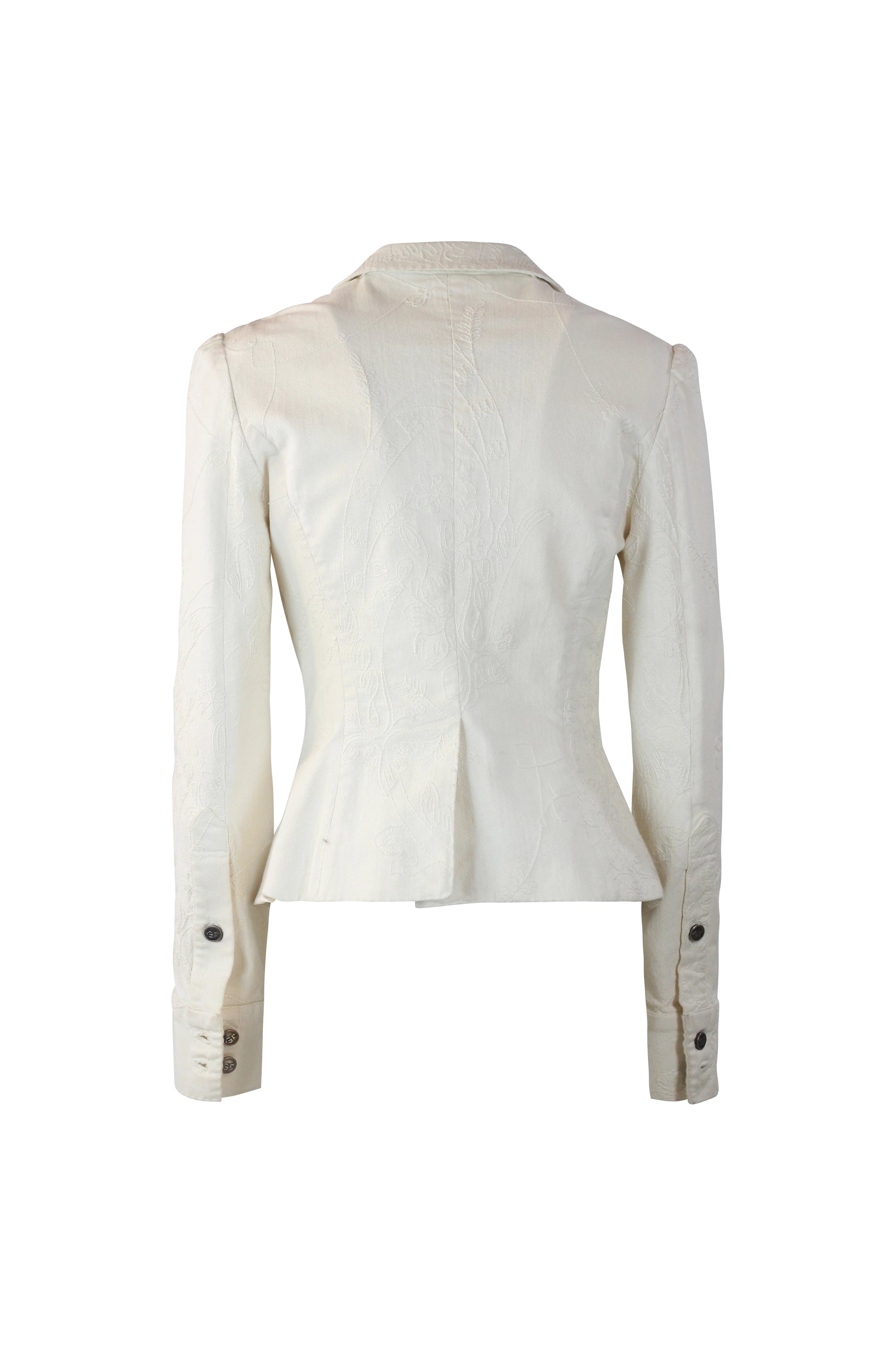 White Cotton Fitted Blazer with Tonal Embroidery