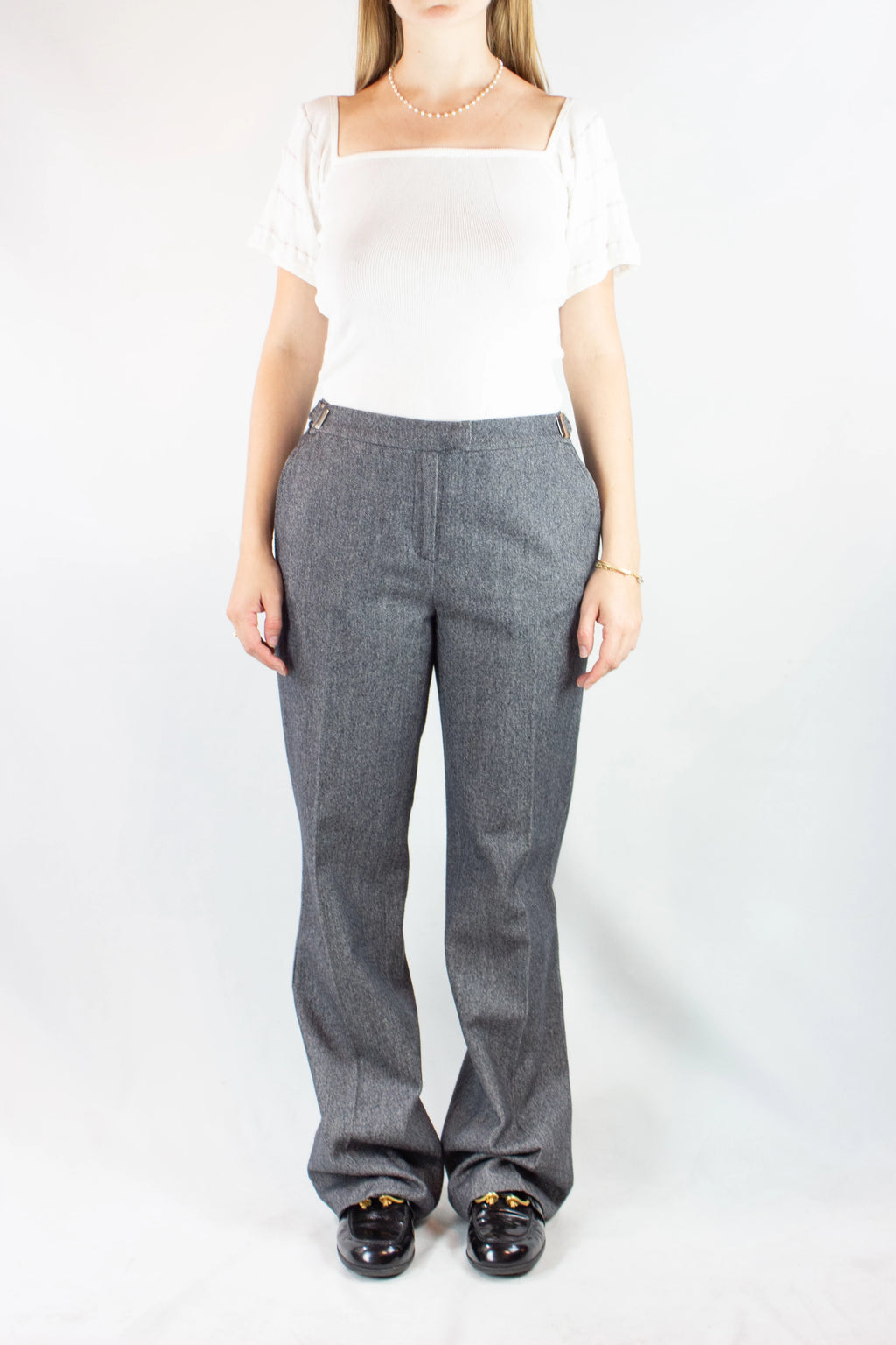 Wool High-Waisted Trousers with Buckle Waistband